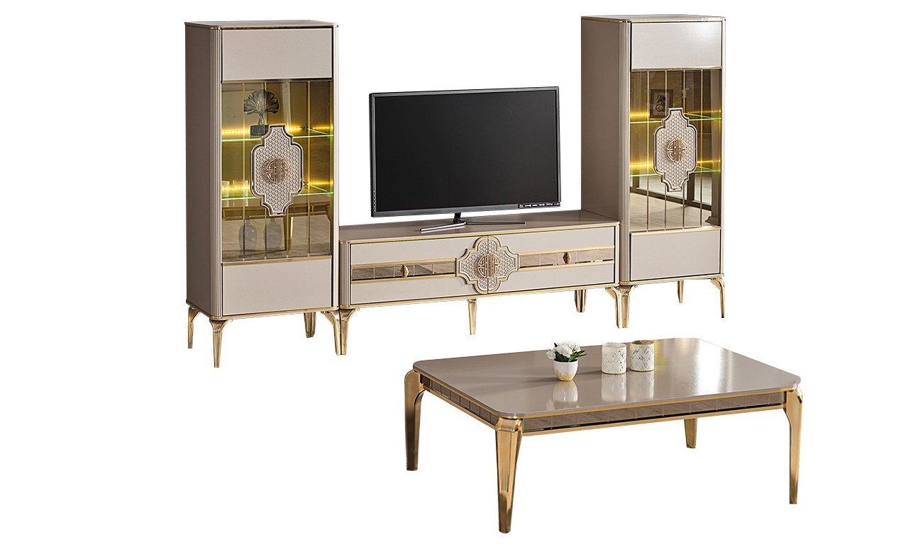 Xlmoebel Wohnwand XLMOEBEL Wohnzimmereinrichtung in Beige mit TV Ständer und Vitrinen, (4-St), Made in Europa