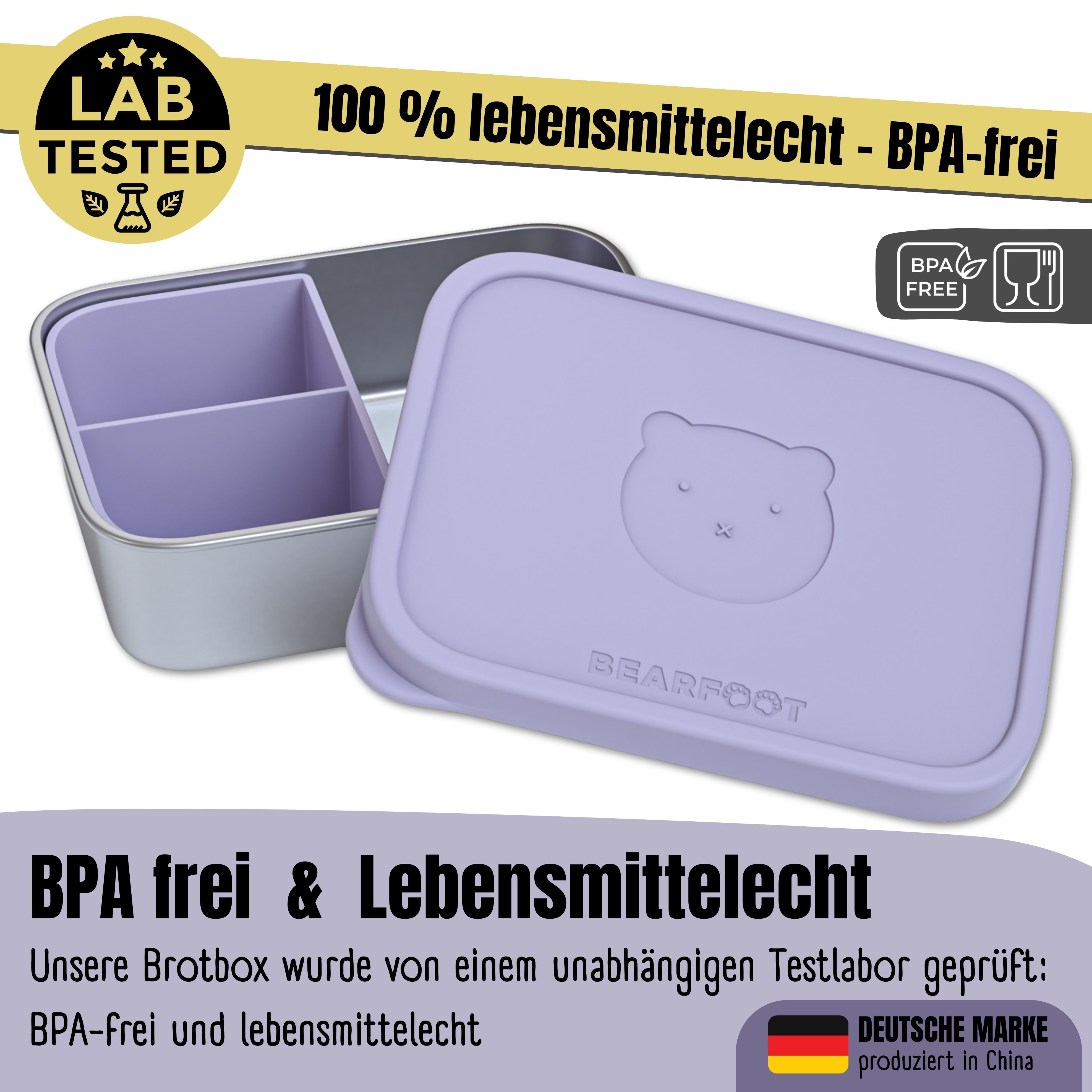 BEARFOOT Lunchbox Brotdose Kinder Edelstahl mit Silikoneinsatz - Lavendel, Kindergarten und Schule - Mädchen und Jungen, Vesperbox, Snackbox