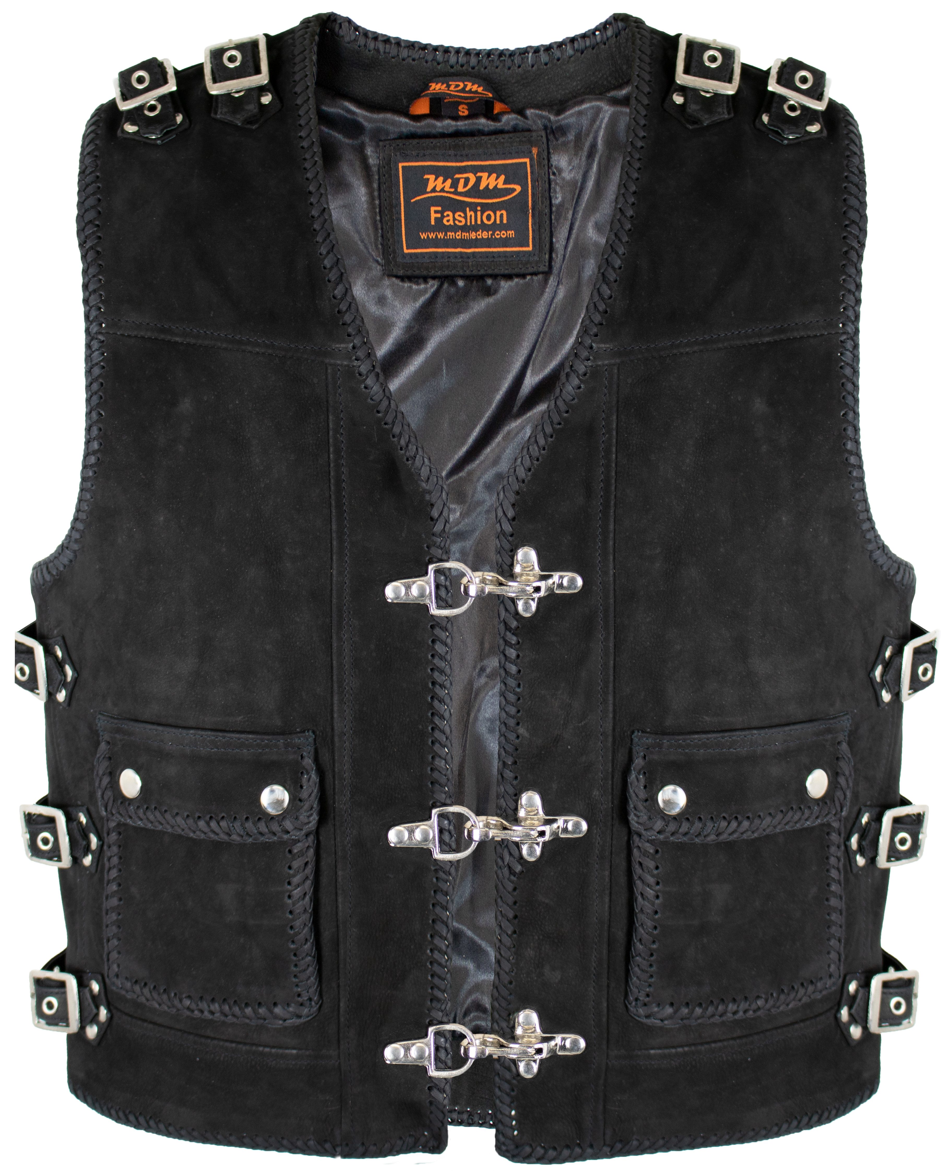 MDM Lederweste Herren Nubuk Schnallen Leder Kutte (Motorrad Lederweste, Wildleder Kutte, Rockerweste, Bikerweste)