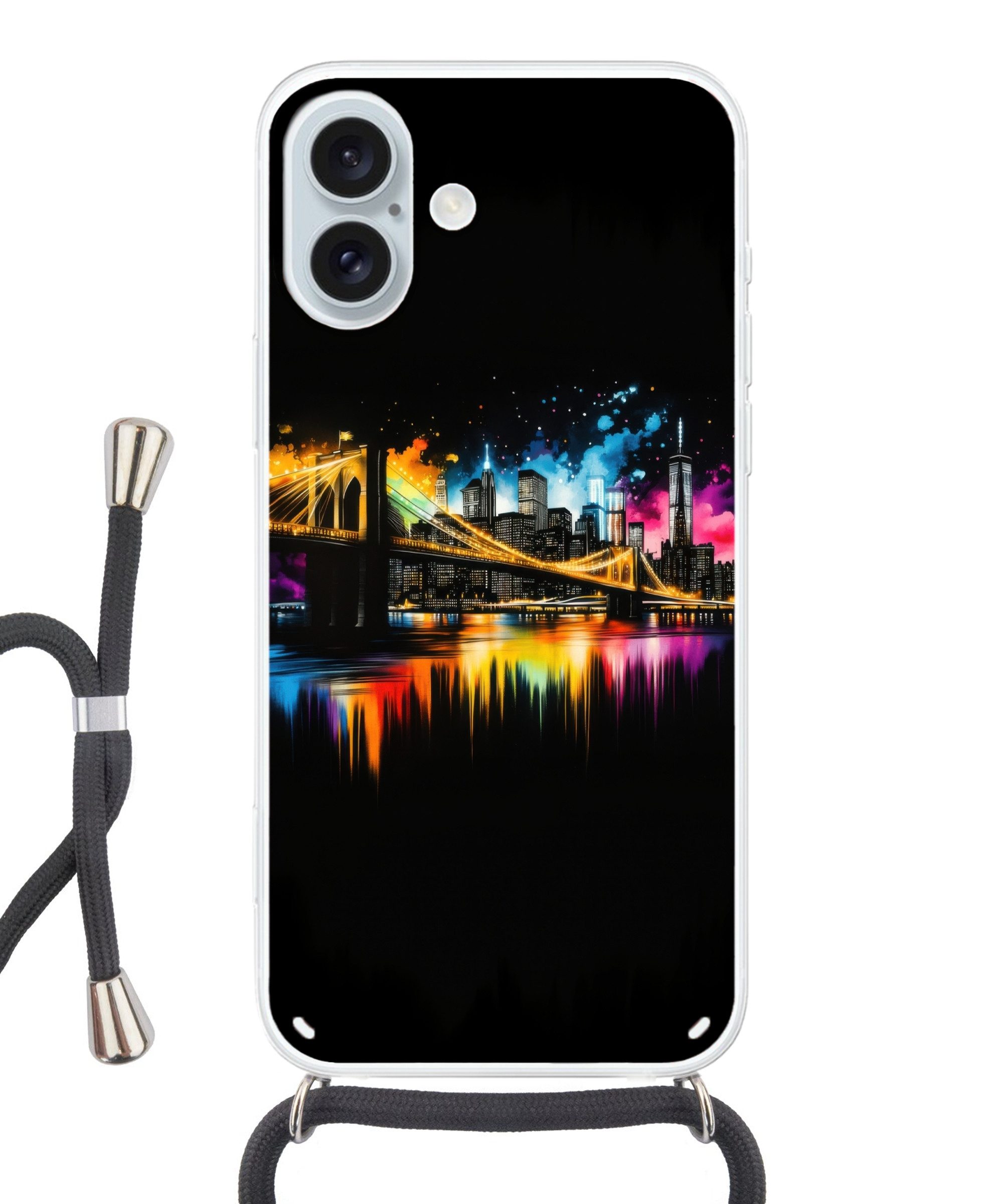MuchoWow Handyhülle für Apple iPhone 16 Plus Skyline - Brücke - Beleuchtung - Farben, Tragbare Handyhüllen mit Kette zum umhängen, Handykette Handyband