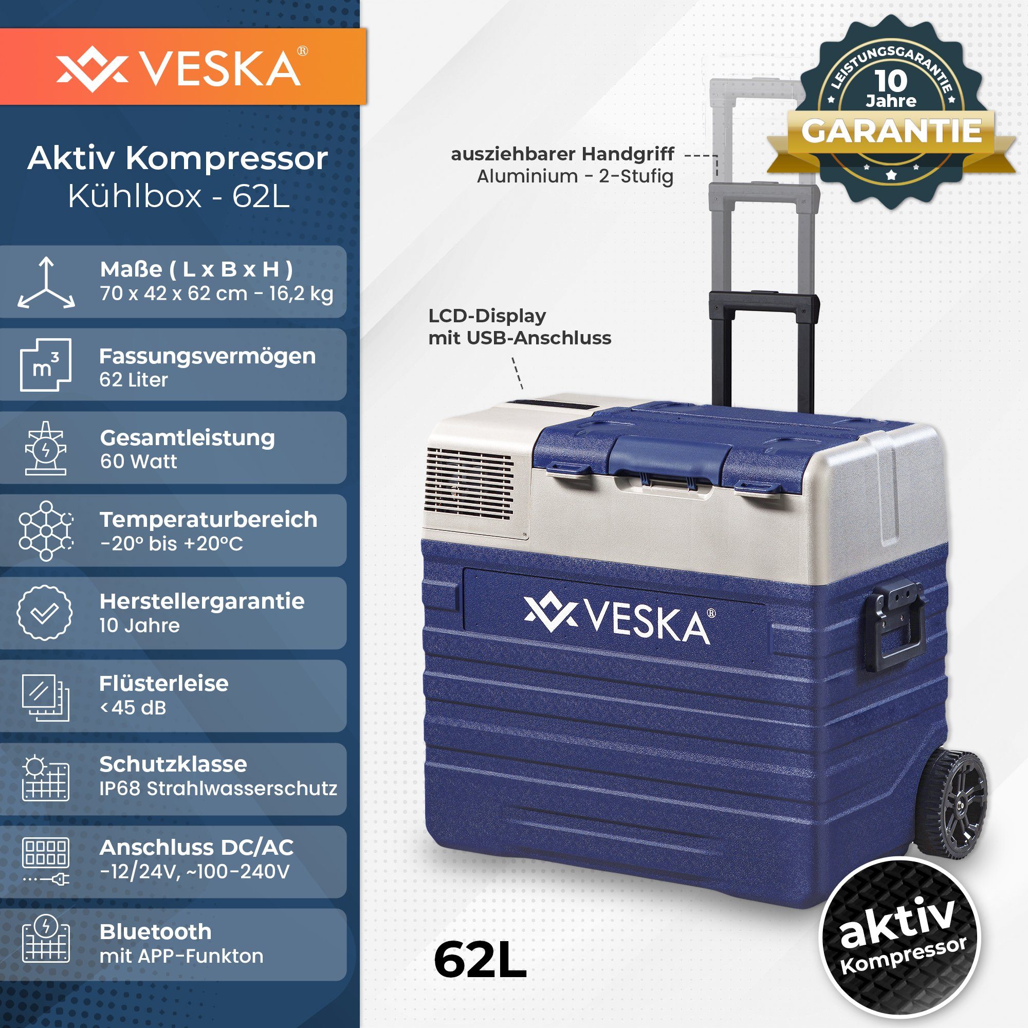 VESKA Elektrische Kühlbox Kompressor Gefriertruhe mobiler Kühlschrank, Kühltruhe, Gefrierbox, 12V/24V, 230V, für Auto, Lkw, Boot, Wohnwagen, Camping