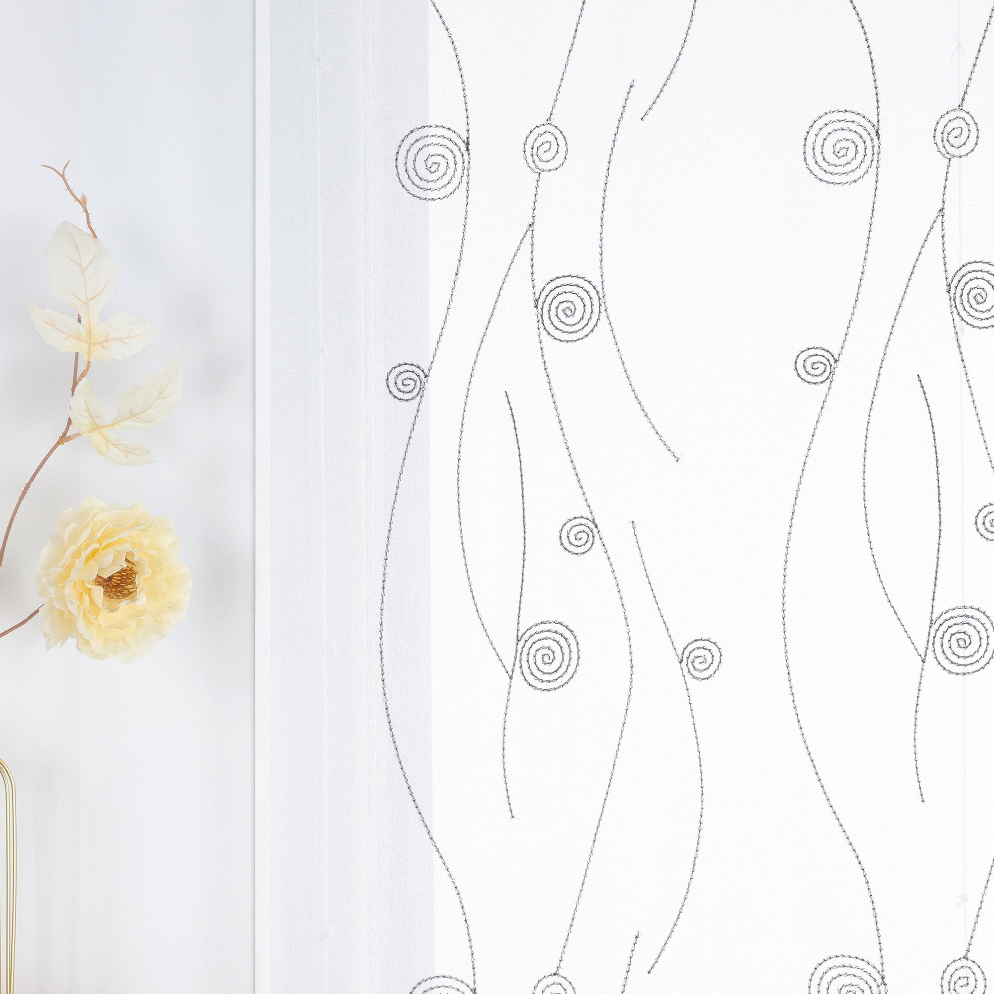 Joyswahl Raffrollo, mit Schlaufen, mit schwarzer Jahresradstickerei, Lanhausstil, Küche