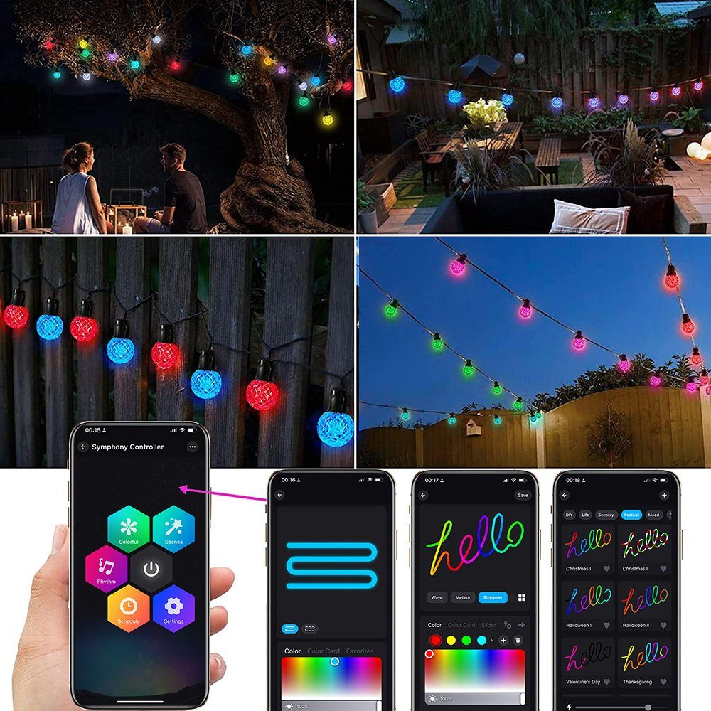 MUPOO LED Gartenlichterketten USB,Fernbedienung/APP für Innenbereich,Raum,Weihnachten,Terrassedekor 5M/10 LED Lichtleiste RGB Außen-Lichterkette Dekolicht Glühbirnen, Wasserdicht