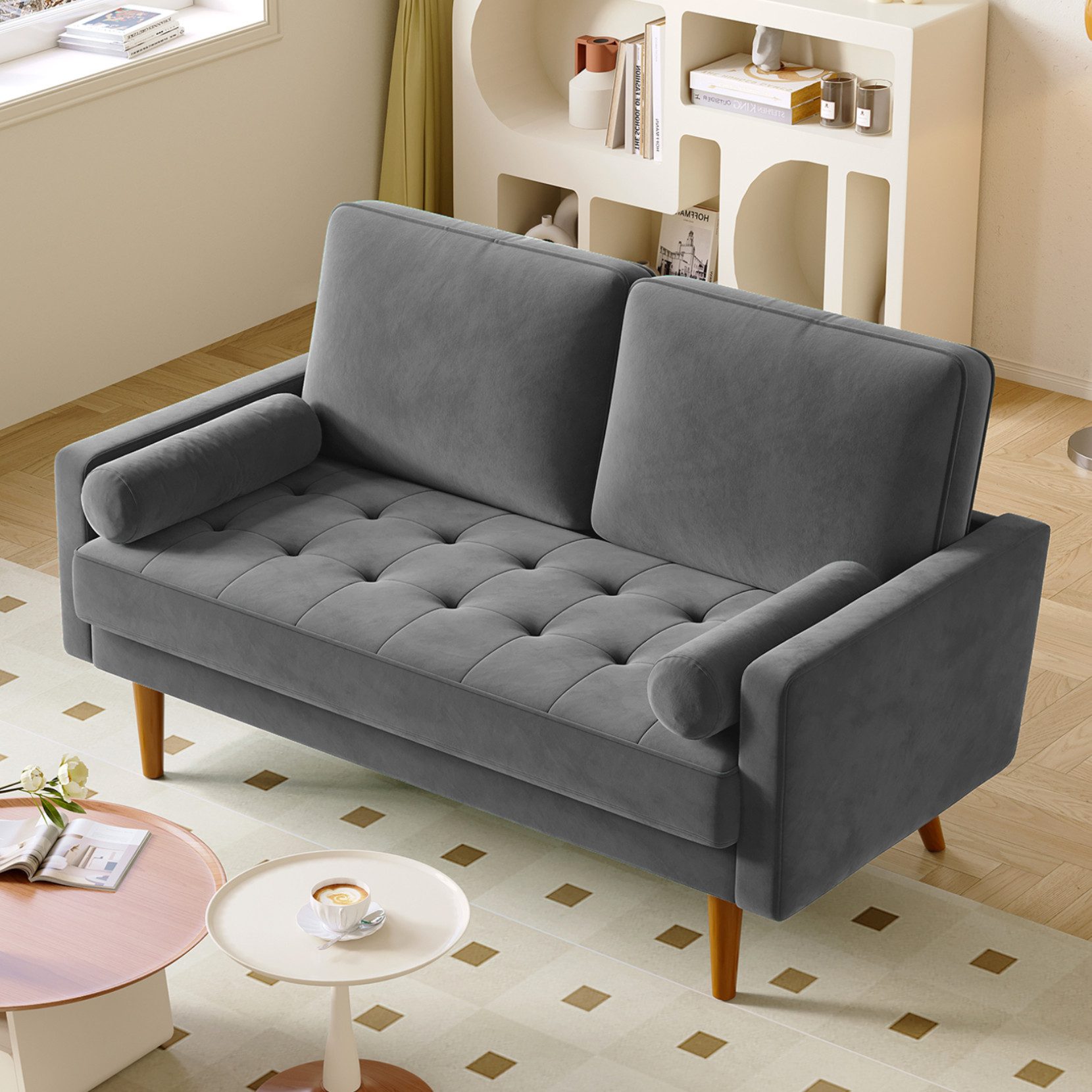 OUNUO Sofa 121cm Kleines Loveseat Sofa, Samtcouch mit 2 Wurfkissen, Couch
