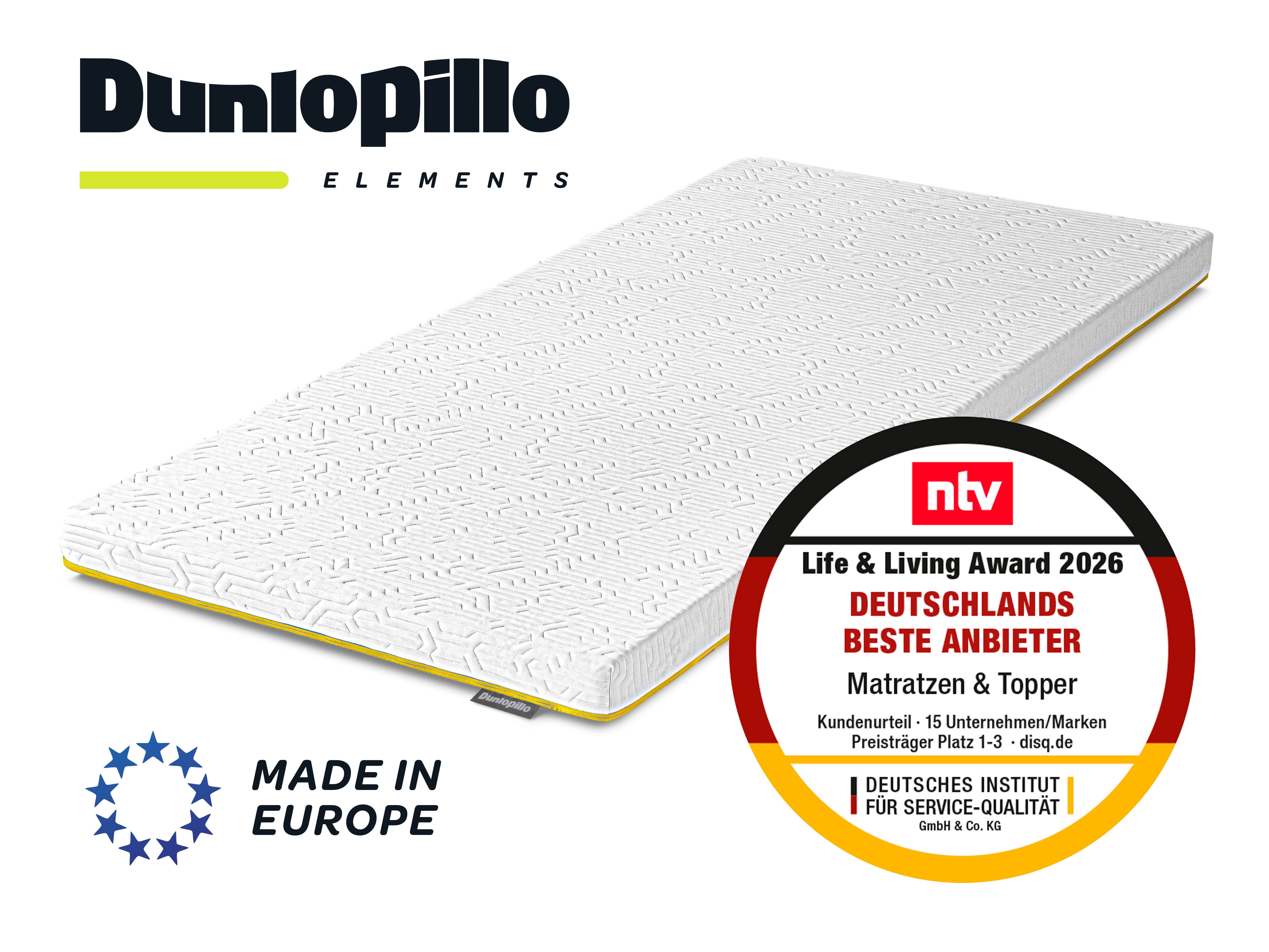 Dunlopillo, Topper Elements, Premium Viscotopper 90x200 & 140x200 cm, 7 cm hoch, Polyester, Matratzentopper Made in EU Geeignet für Boxspringbetten