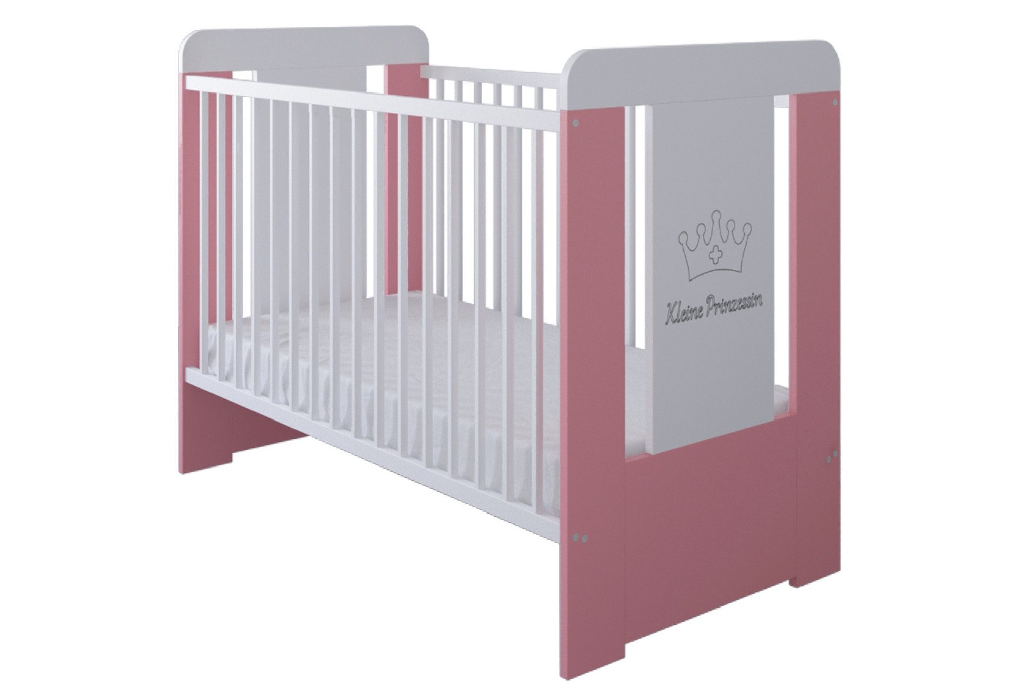 Kids Collective Babybett Gitterbett höhenverstellbar, herausnehmbare Sprossen, Kleine Prinzessin Gravur 60x120 weiss pink Mädchen, mit Matratze