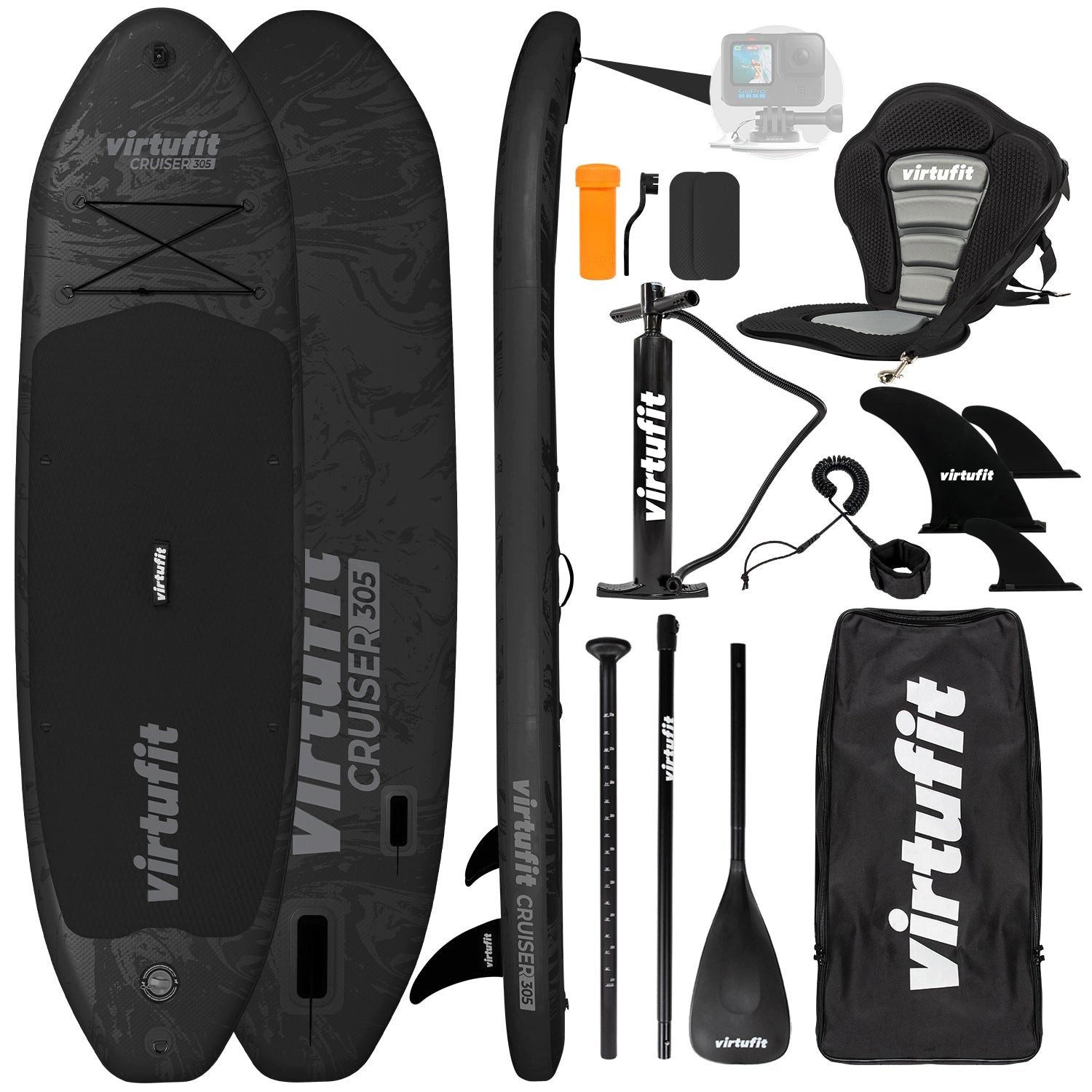 VirtuFit Inflatable SUP-Board VirtuFit Supboard Cruiser 305 Schwarz mit Kajak-Sitz