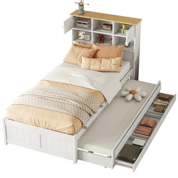NMonet Massivholzbett Kinderbett (Inklusive mehreren Staufächern am Kopfende des Bettes), mit Ausgestattet ausziehbares Rollbett, 3 Schubladen, 90x200cm