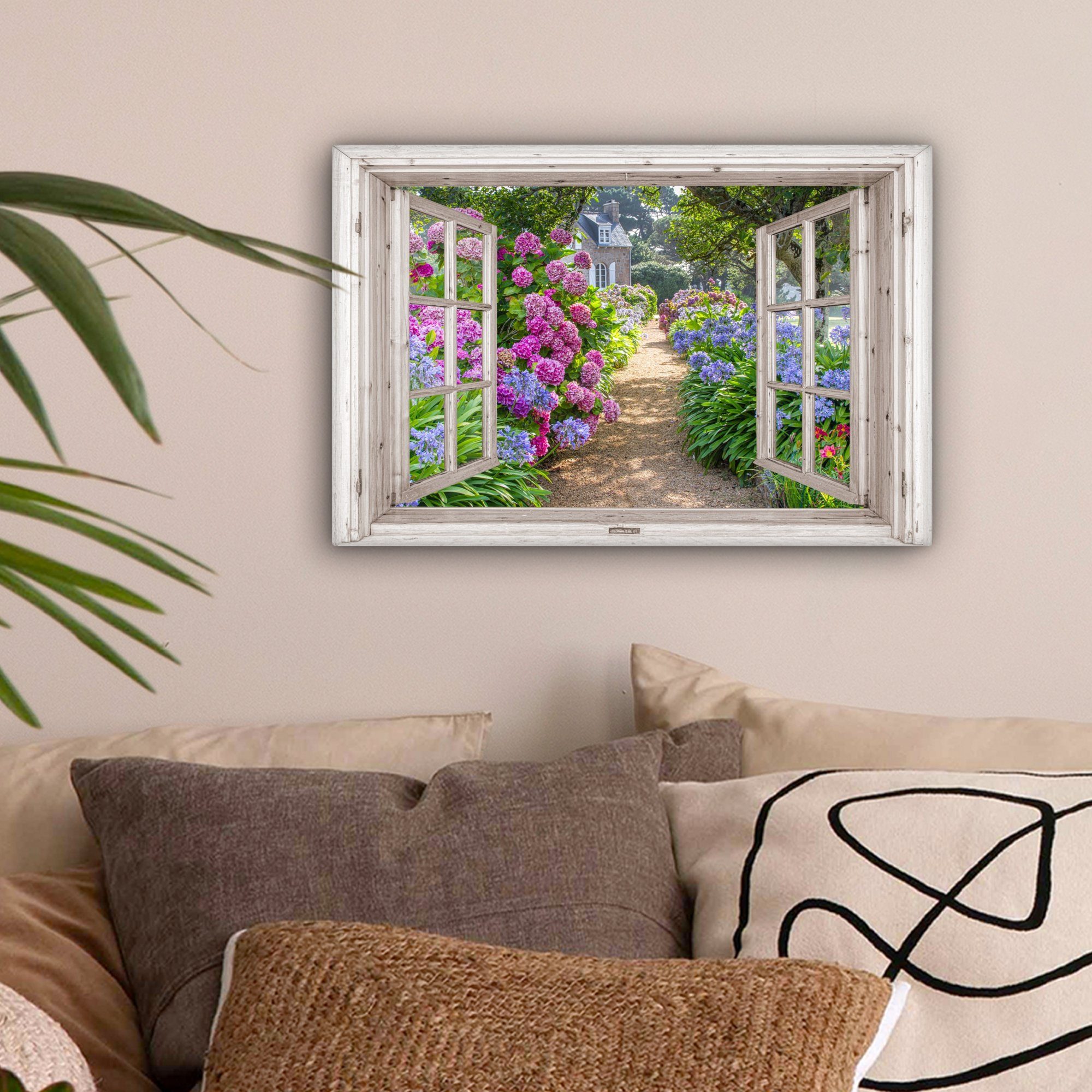OneMillionCanvasses® Leinwandbild Hortensie - Fensterblick - günstig online kaufen