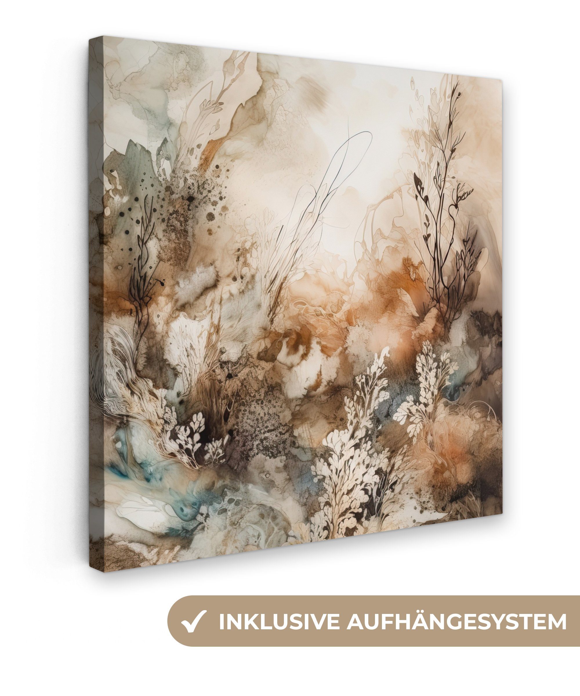 Natur Schlafzimmer, - cm Beige Farbe 20x20 Bilder - - (1 - Kunst OneMillionCanvasses® Blumen, für Leinwand - Leinwandbild St), Wohnzimmer Abstrakt