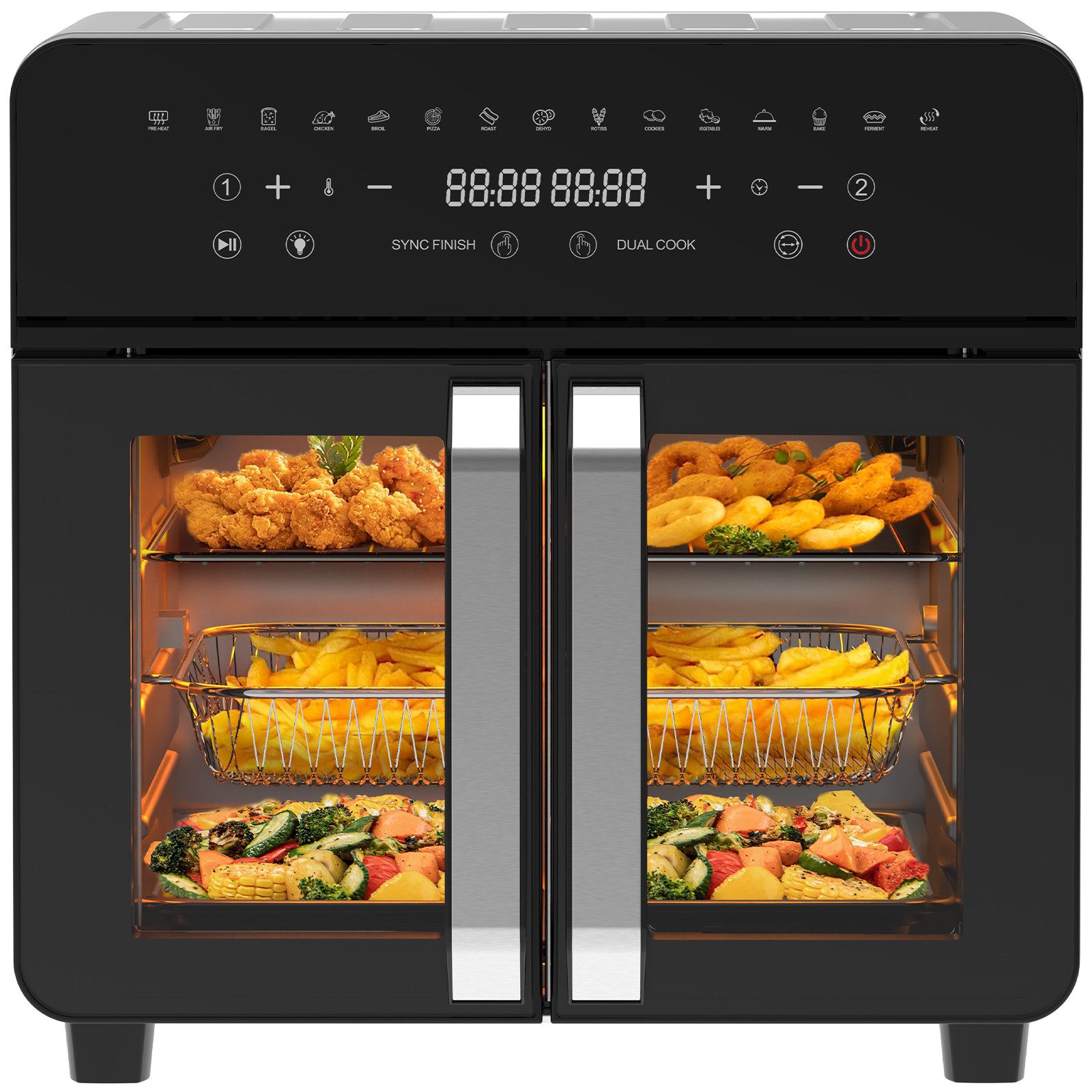 Comfy Mate Heißluftfritteuse 23 Liter, XXL Airfryer mit Doppeltür und Sichtfenster, 15 Programme, LED-Touch, 12 Zubehörteile, 2200 W, Dual-zone Fritteuse mit herausnehmbarer Trennwand, Grillen