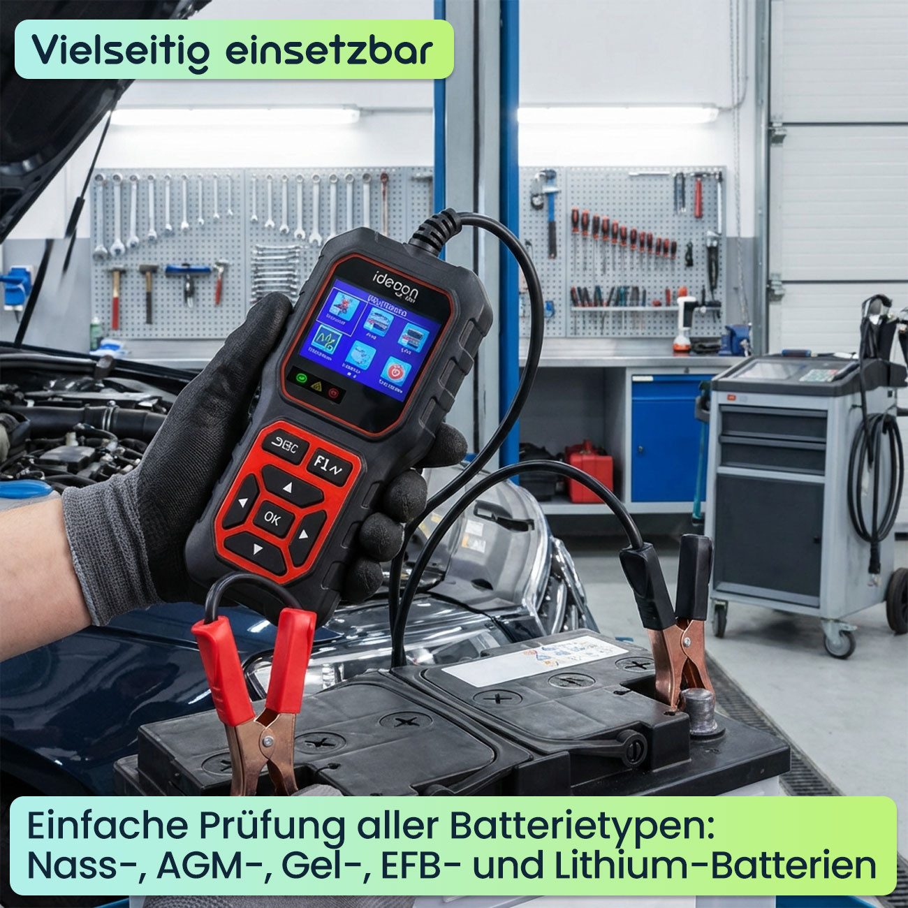shop'n smile ideoon Batterietester Batterietester mit 2.4 Zoll LCD Farbdisplay Autobatterie Prüfgerät, für Nass AGM Gel EFB Lithium, 12V 24V Starttest
