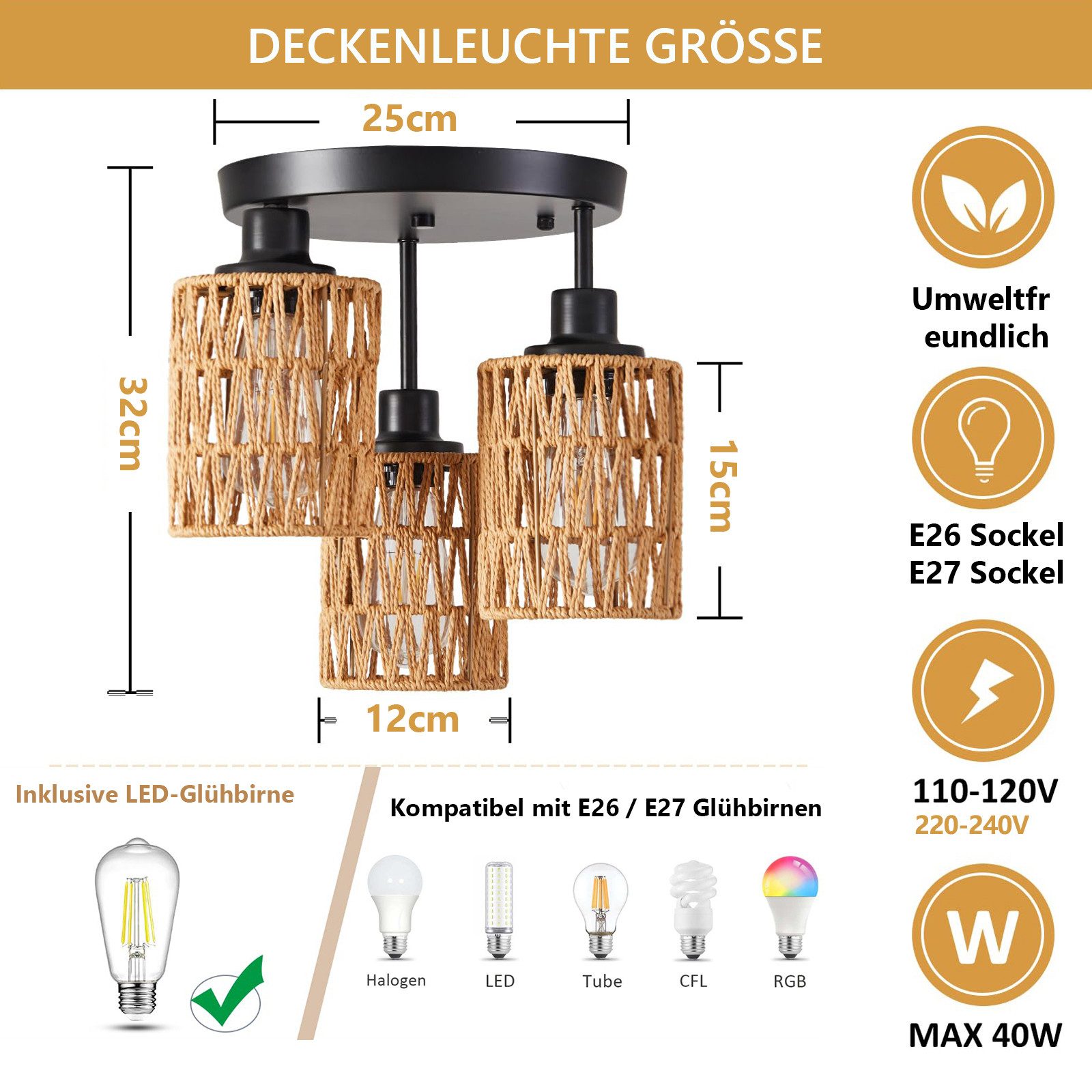 MUPOO Pendelleuchte LED Deckenleuchte,Boho Pendelleuchte,Rattan Deckenleuch günstig online kaufen
