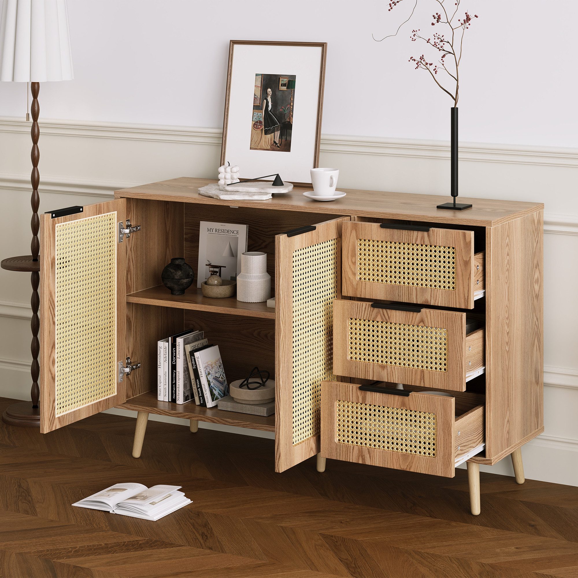 OKWISH Sideboard Vintage Rattan Küchenschrank,mit 2 günstig online kaufen