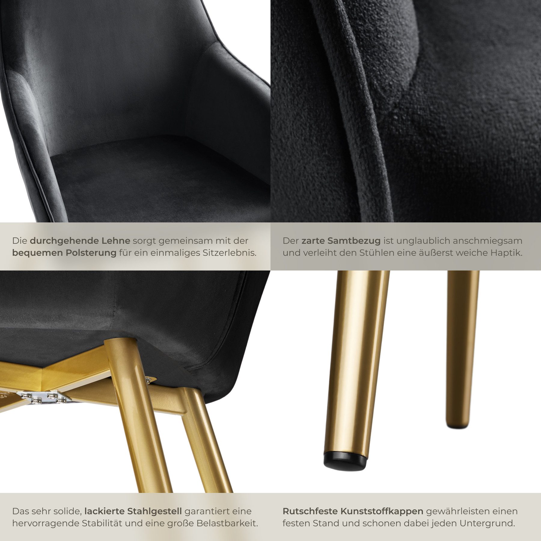 tectake Esszimmerstuhl Wohnzimmerstuhl gepolstert, in Samtoptik, 58 x 62 x 82 cm (Küchenstuhl Marilyn in schwarz/gold, 6 St), durchgehende Lehne, goldene Stahlb – Bild 5 von 5