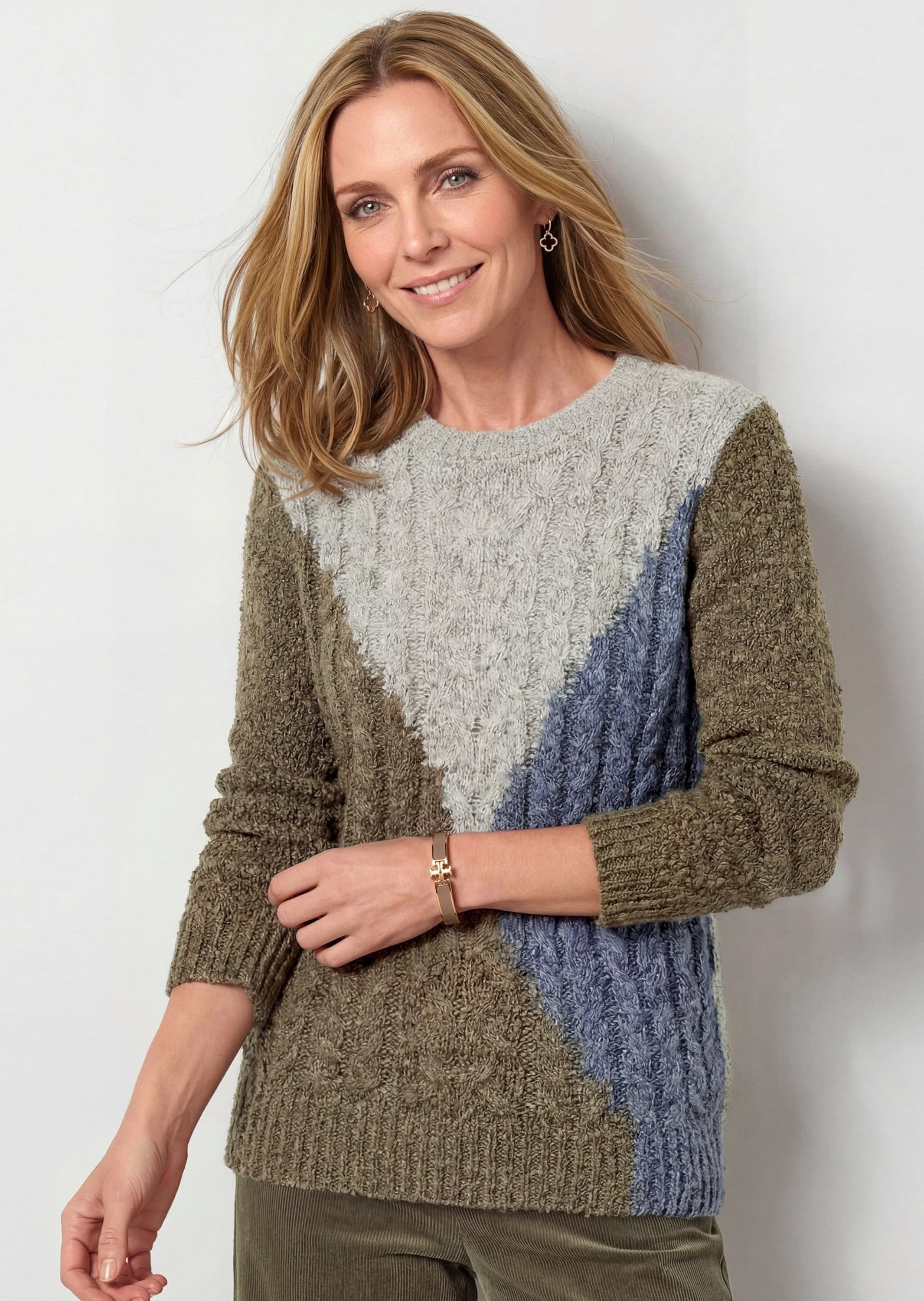 GOLDNER Strickpullover Zopfpullover in Bouclé-Optik Weicher Intarsienstrick mit U-Boot-Ausschnitt und Rippenbündchen