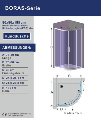 AQUALAVOS Runddusche Duschkabine Runddusche Schiebetüren Viertelkreis Halbrund Gleittüren, BxT: 80x80 cm, Einscheiben-Sicherheitsglas (ESG), großer Verstellbereich, ebenerdige Montage möglich, Höhe: 185 cm