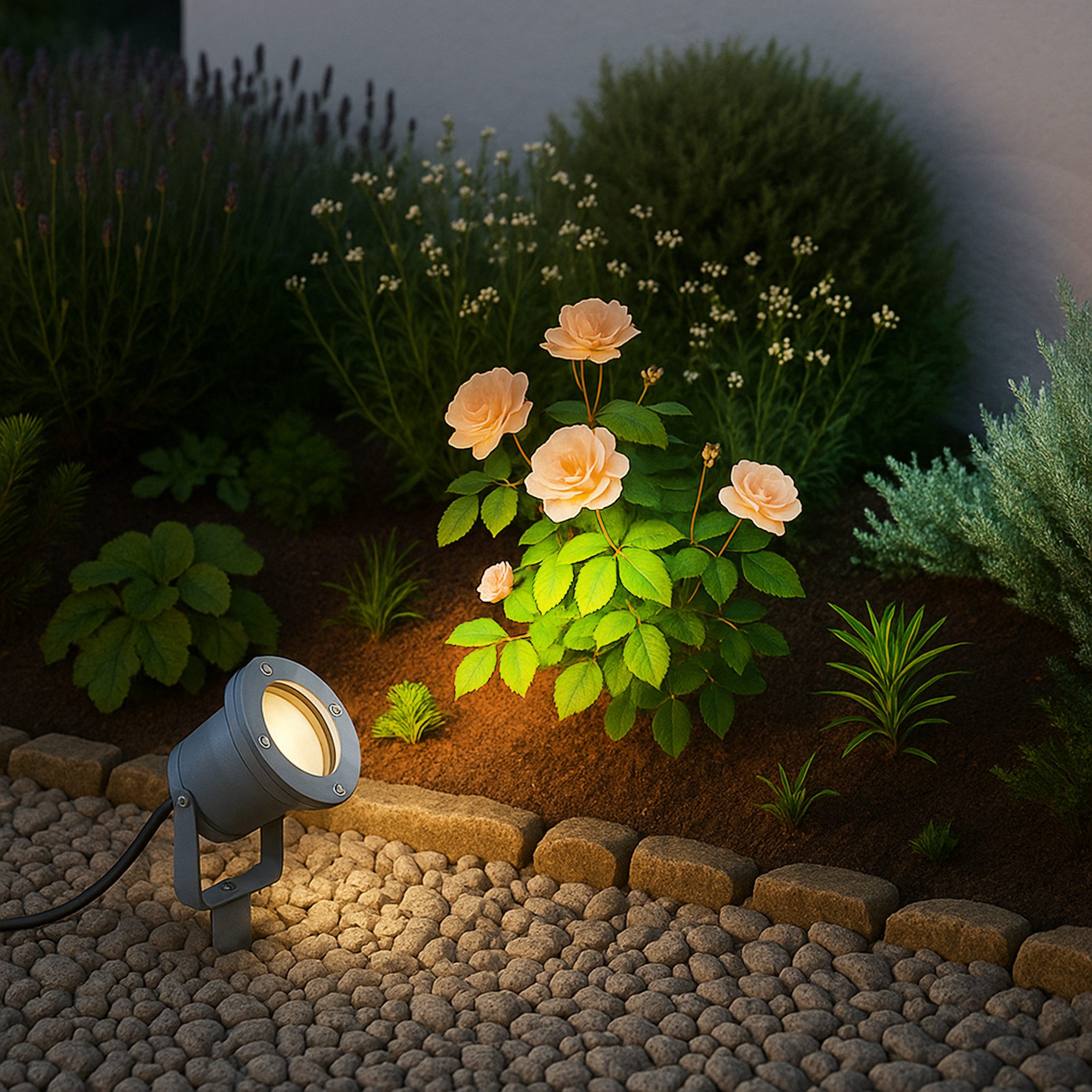 SSC-LUXon LED Gartenstrahler Gartenstrahler KARI Erdspieß Kabel grau LED GU10 5W 3 Lichtfarben, Neutralweiß, Warmweiß, Tageslichtweiß