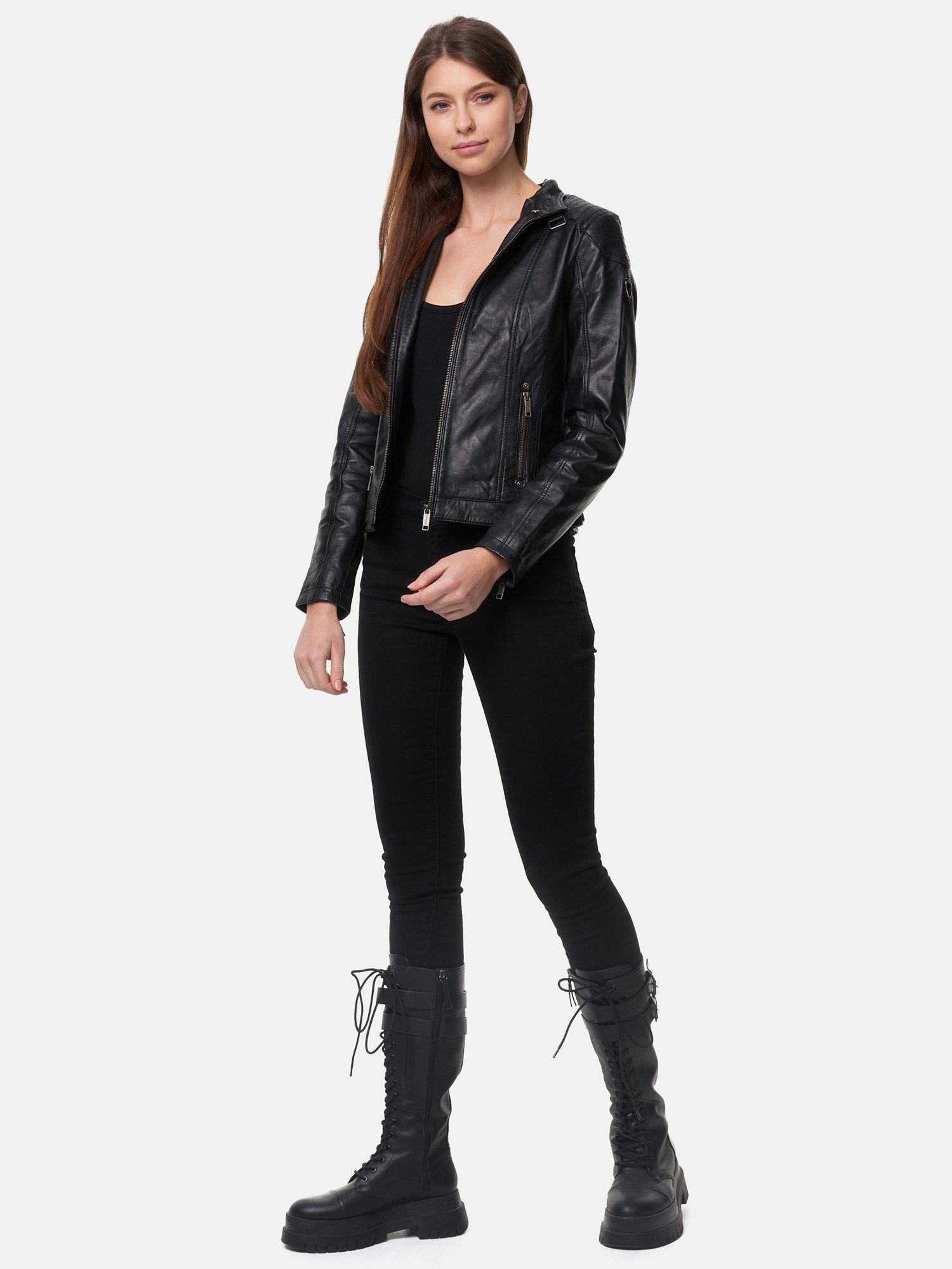 Tazzio Lederjacke F503 Damen Leder Jacke im Biker Look mit abnehmbarer Kapuze – Bild 3 von 5