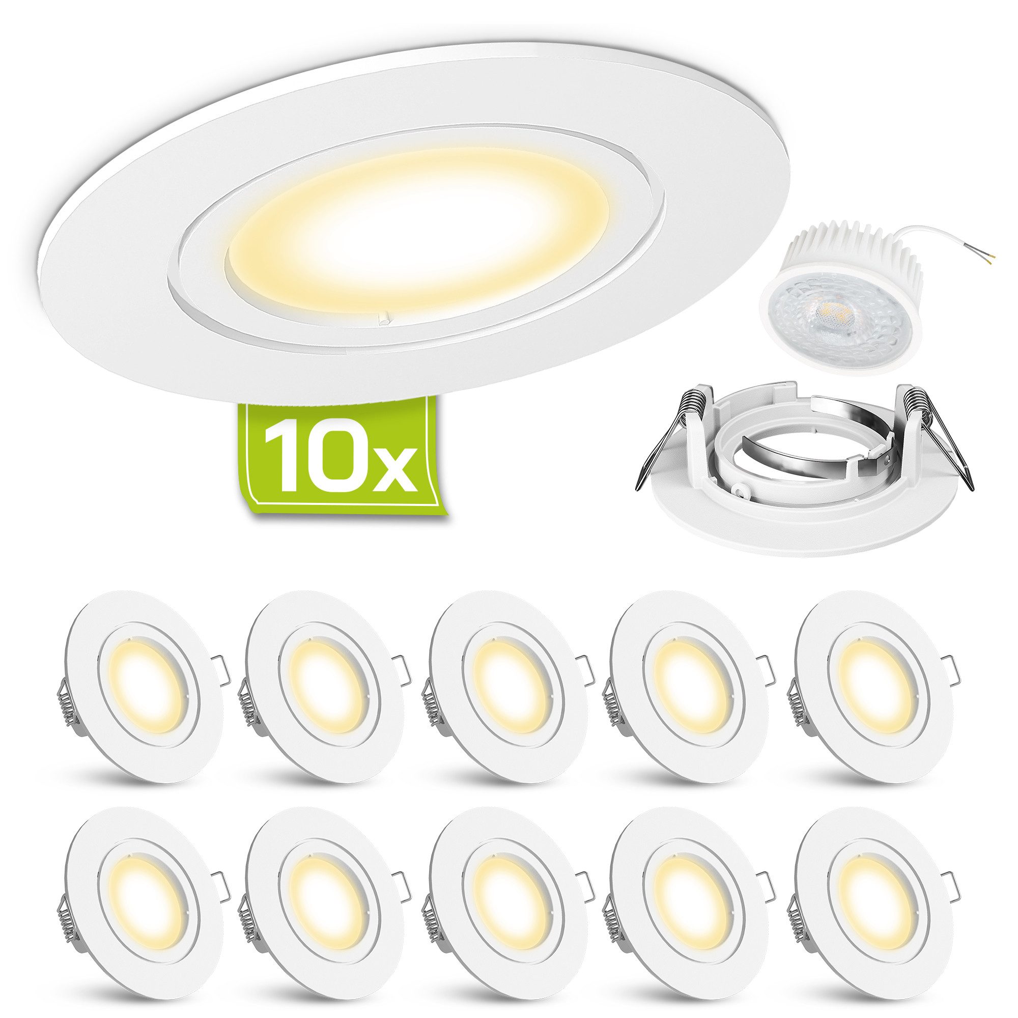 linovum LED Einbaustrahler 10x flach LED Einbaustrahler warmweiß LED Birne 4W 230V Deckenlampe, Warmweiß