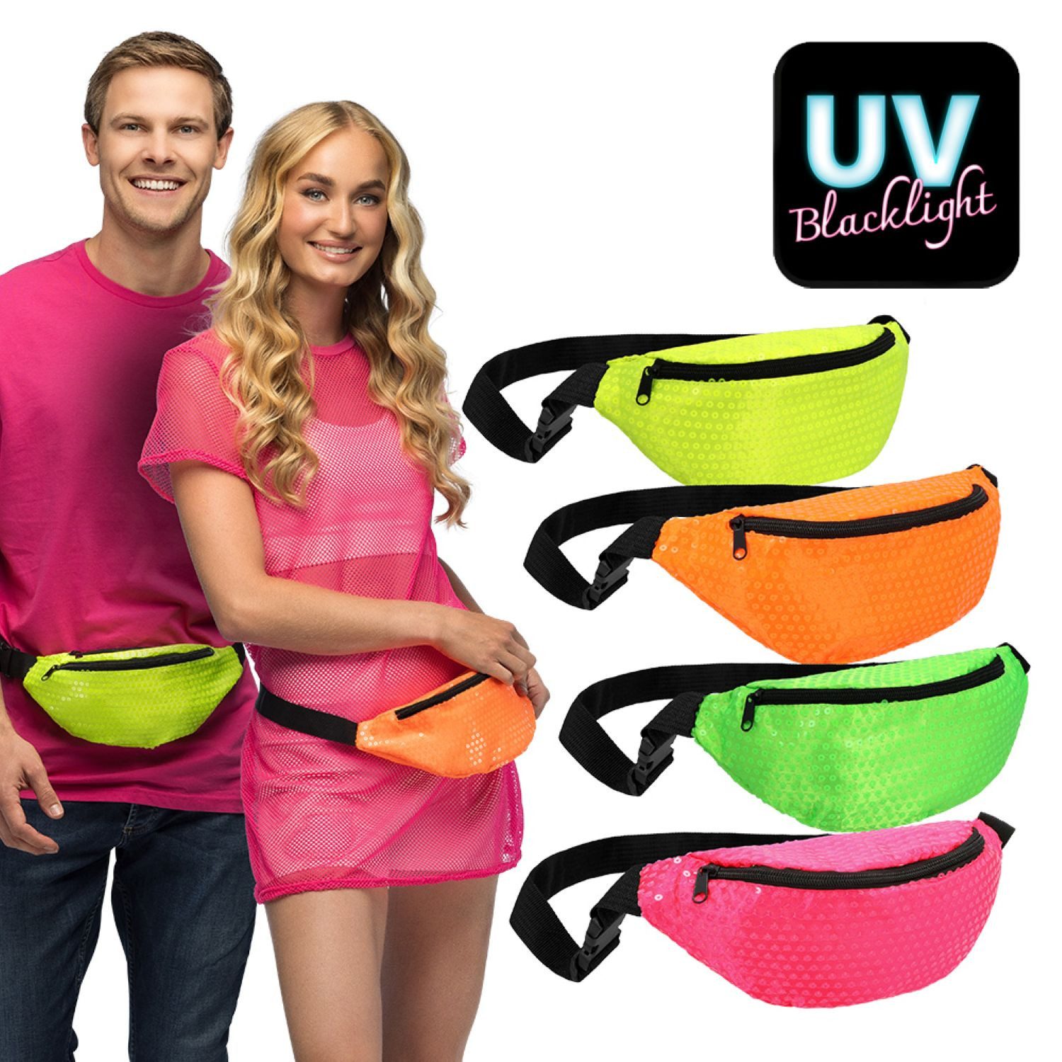 Boland Kostüm Bauchtasche 'Sequins', 4 Neon Farben sortiert UV