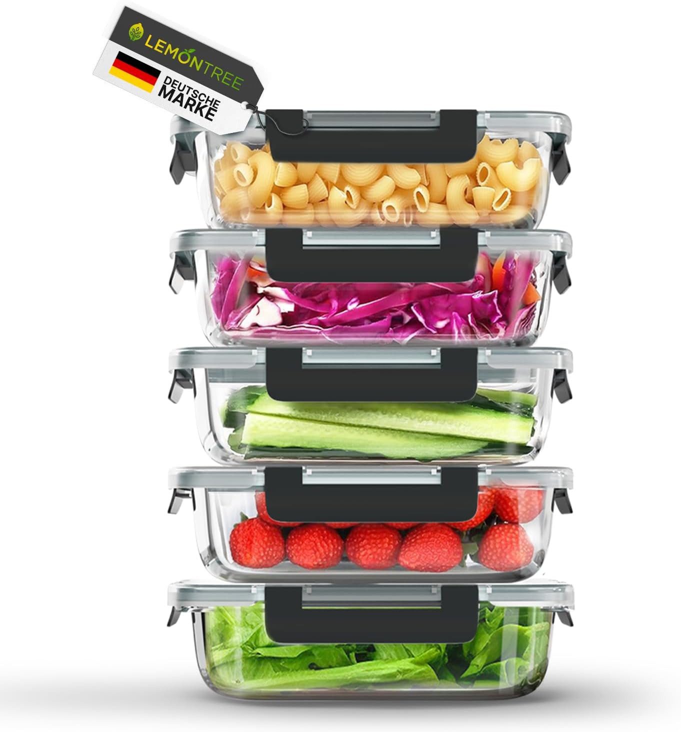 Lemontree Vorratsdose mit Deckel Luftdicht - Meal Prep Boxen Glas - Mikrowellengeeignet, (Vorratsdosen-Set (3-teilig, groß je 1040 ml), Meal Prep Boxen 3er Set - 1040ml - auch als 5er & 10er Set erhältlich), Luftdicht, auslaufsicher, stapelbar, mikrowellen-, ofen- & gefrierfest