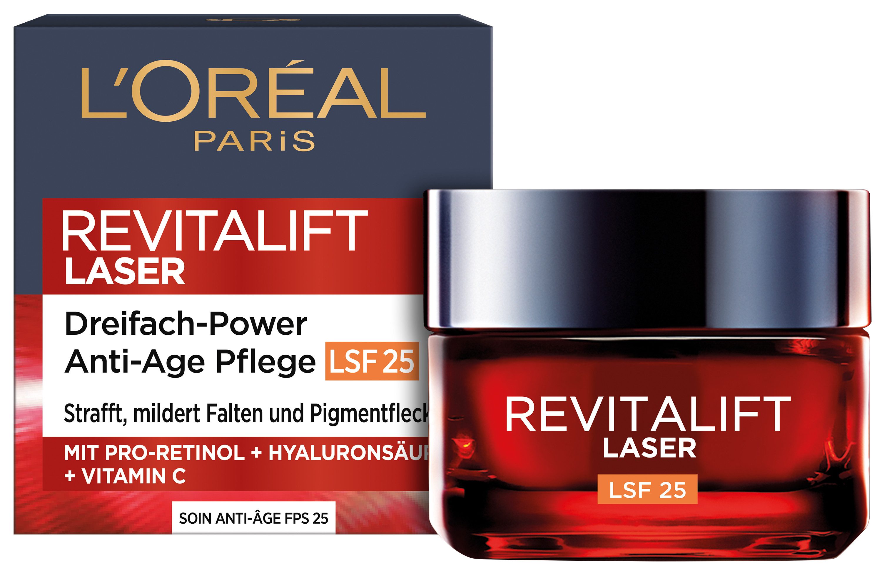 L'ORÉAL PARIS Tagescreme REVITALIFT LASER DREIFACH-POWER ANTI-AGE TAGESPFLEGE LSF 25, mit Pro-Retinol, Hyaluronsäure und Vitamin C