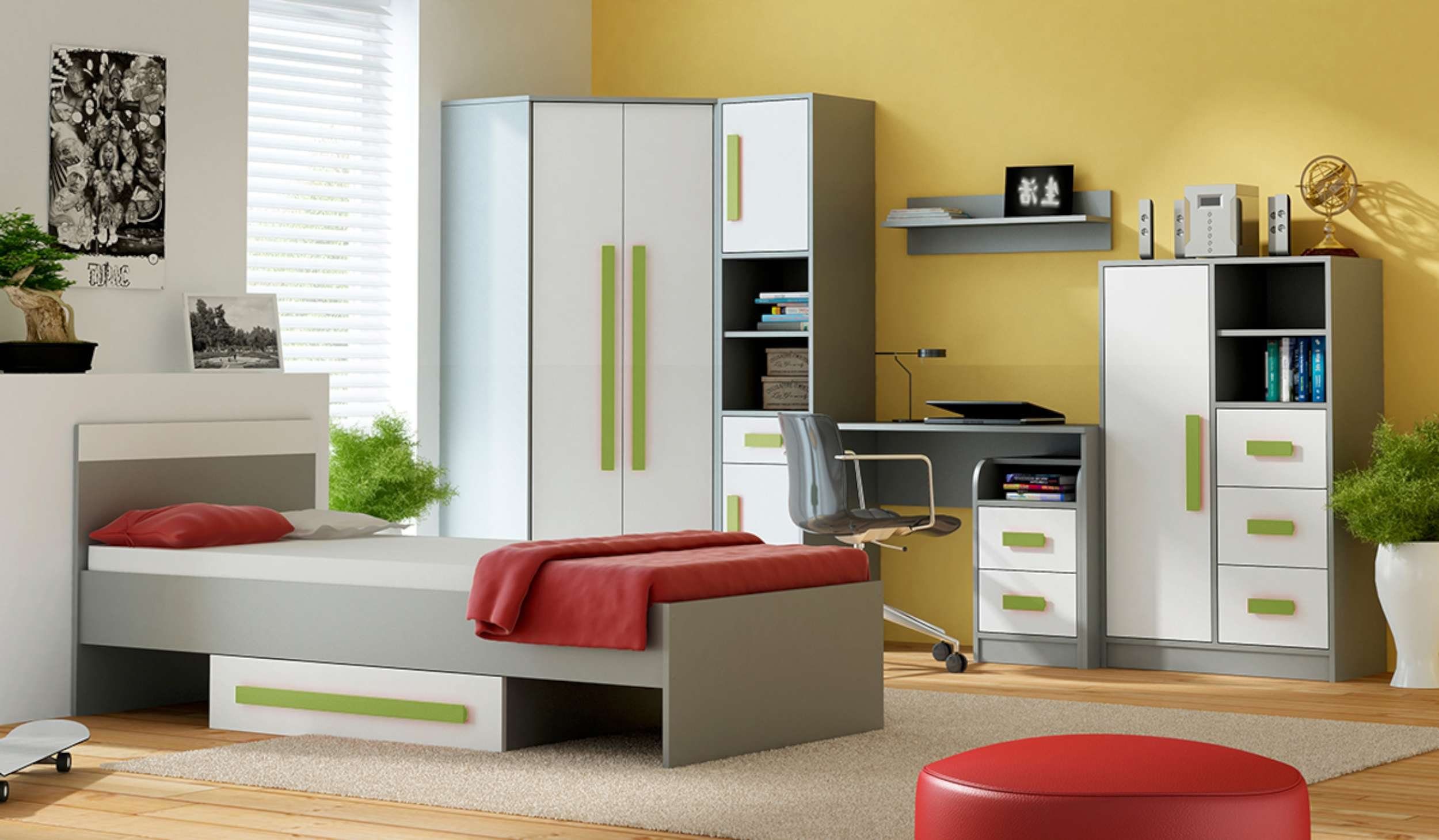 Kinder Kinderkleiderschrank für mit - Standschrank) (Highboard, Design, Fächer, Schubladen, Stylefy offene Vollauszug, - Grün Gael Grau Modern Weiß I