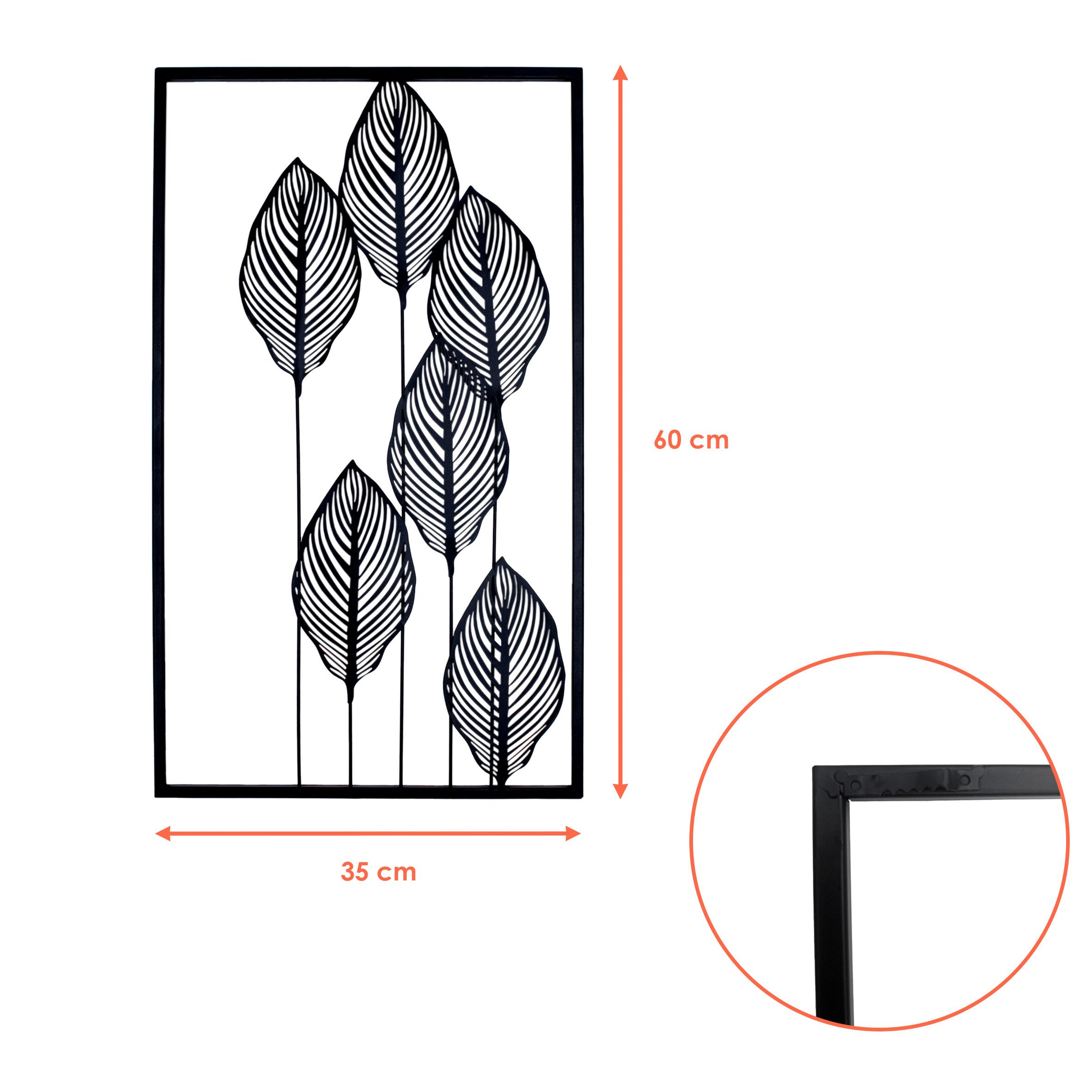 Spetebo Wandbild Metall Wandbild BLÄTTER in schwarz - 60 x 35 cm, Blätter ( günstig online kaufen