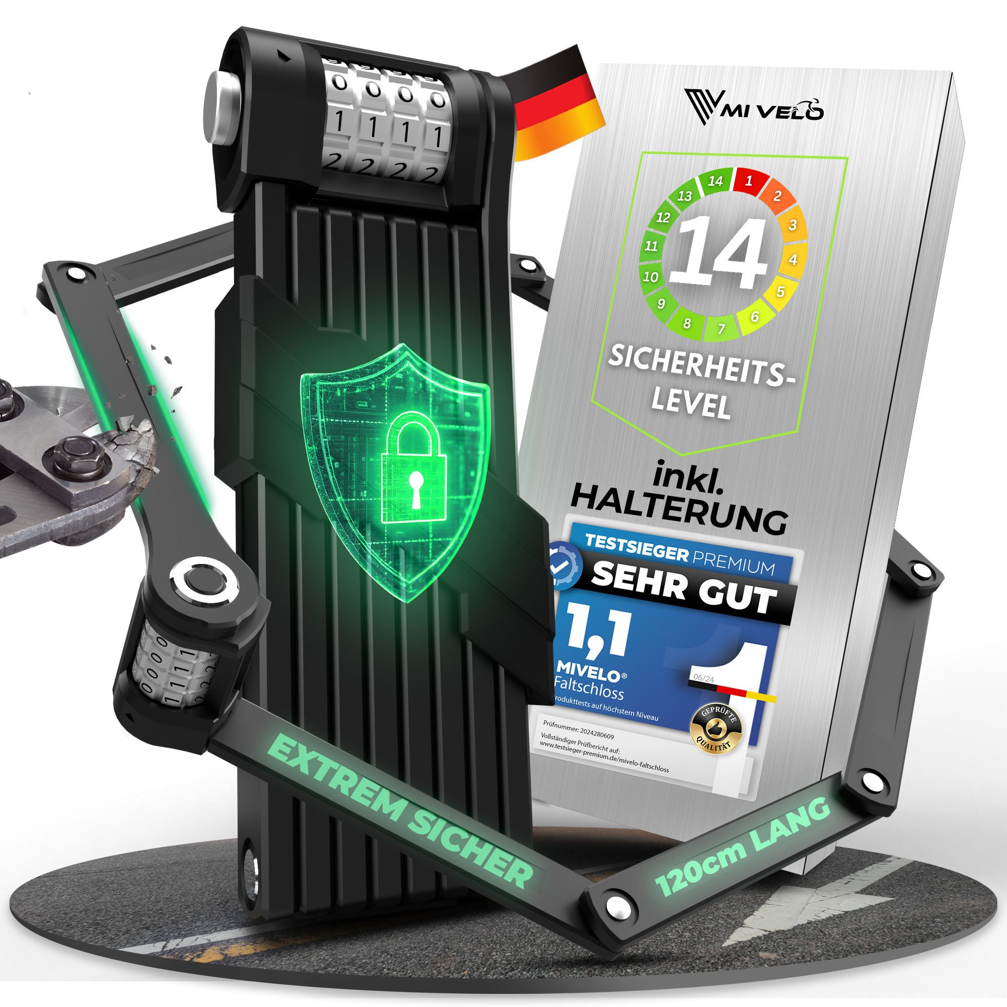 MIVELO Faltschloss MIVELO FAHHRADSCHLOSS extrem sicher mit Zahlencode, Sicherheitslevel 14