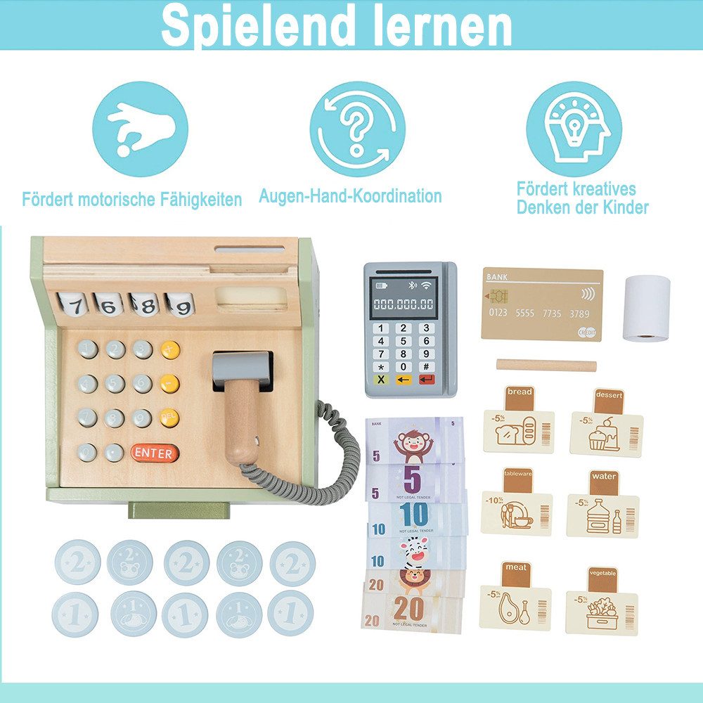 CLTYQ Spielkasse Holz Kasse Kinder, Holz Spielkasse Kinderkasse mit Scanner, Lernspielzeug, Spielzeugkasse für Kinder ab 3 Jahren, Rollenspie
