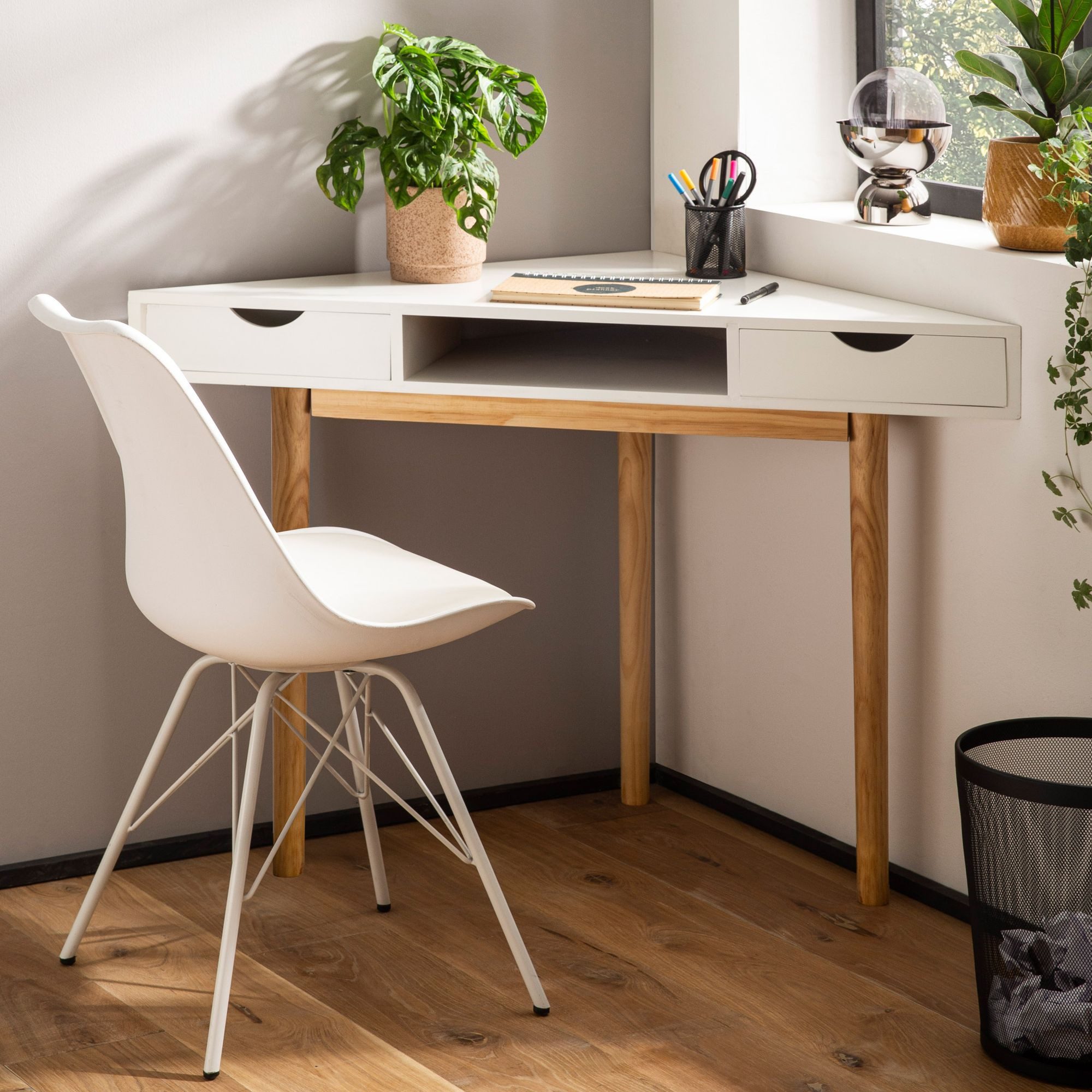 Wohnling Schreibtisch WL7.219 Eck 80 cm Weiß Schubladen Tisch Platzsparend günstig online kaufen