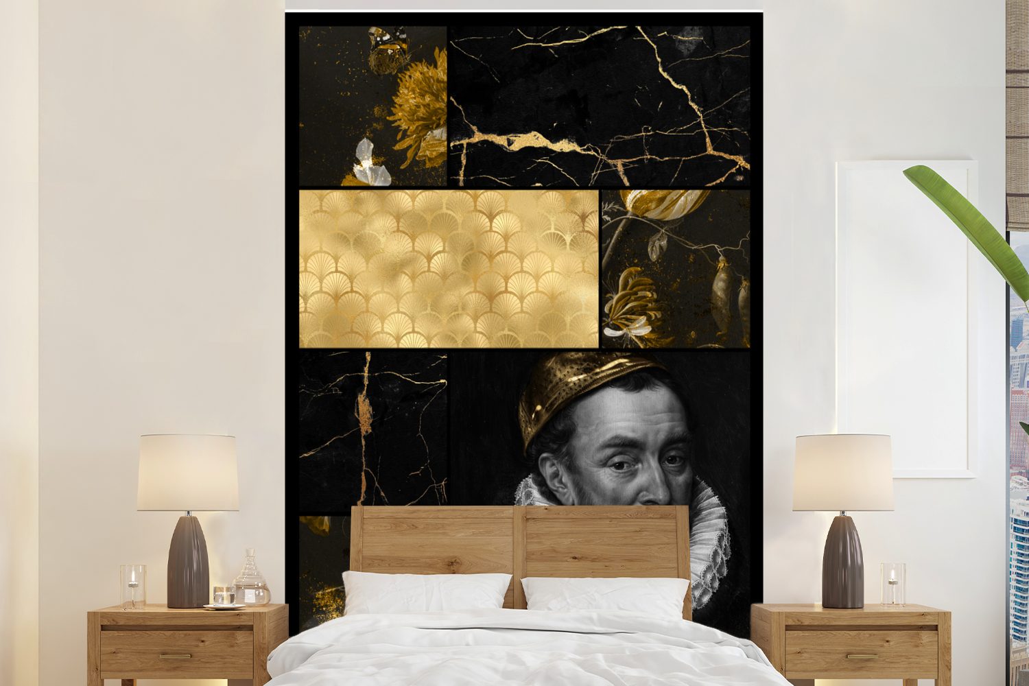 MuchoWow Fototapete Collage - Blattgold - Marmor - Kunst, Matt, bedruckt, (3 St), Montagefertig Vinyl Tapete für Wohnzimmer, Wandtapete