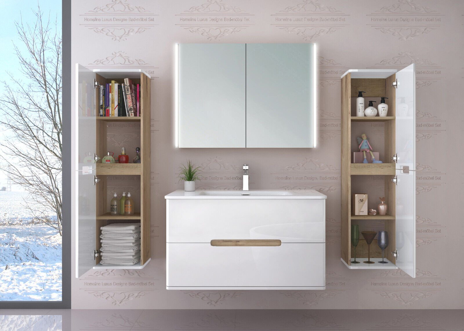 Homeline Badmöbel-Set Bad Möbelset Badezimmer Möbel Hochglanz 90 cm Eiche / Weiß Schwarz, (Spar-Set, 3-St., Fünfteiliges Set), Spiegelschrank mit Keramikbecken, – Bild 5 von 5