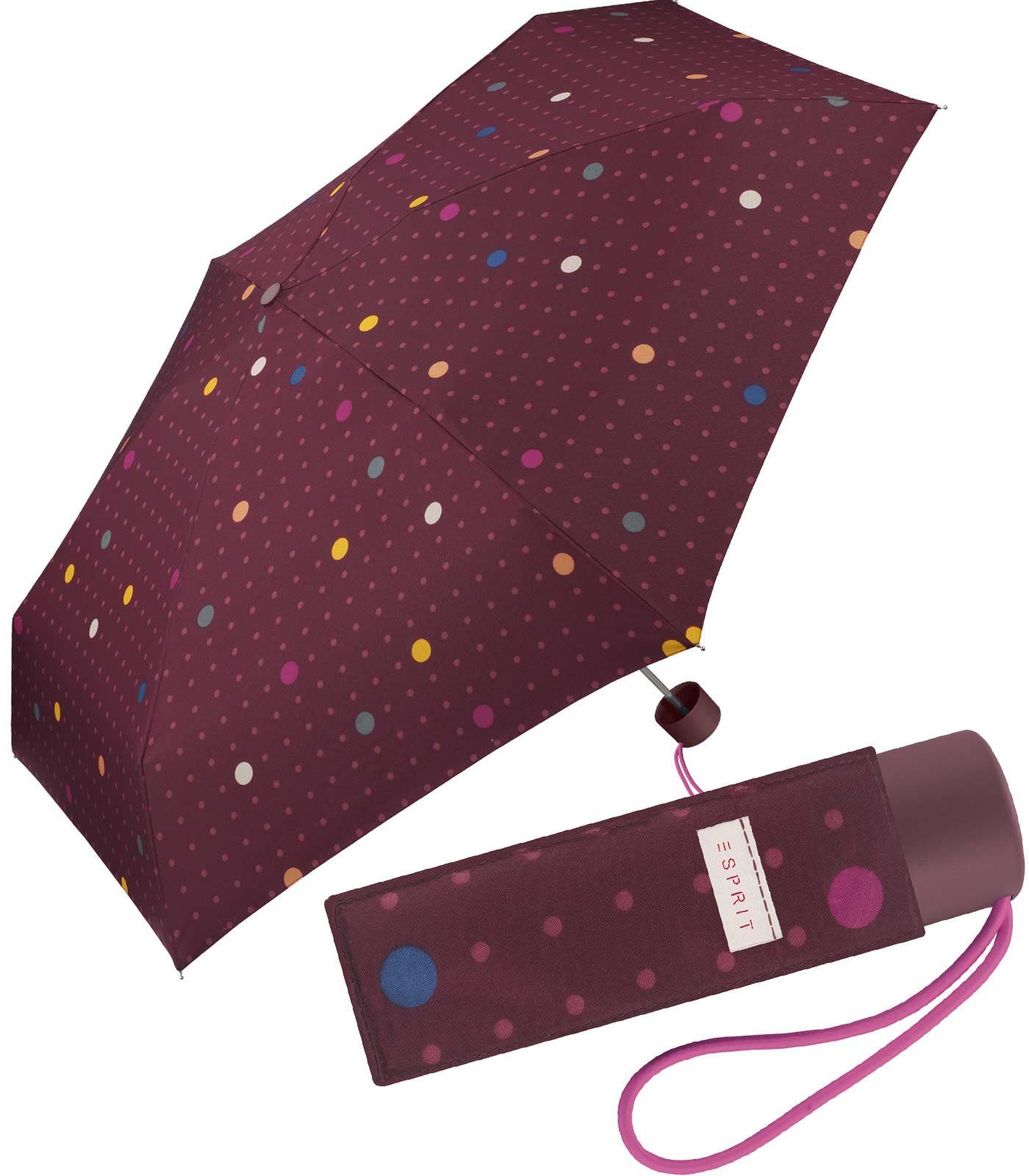 Esprit Taschenregenschirm kleiner, handlicher Schirm für Damen, stabil, leicht, mit jugendlichem Punkte-Muster bordeaux