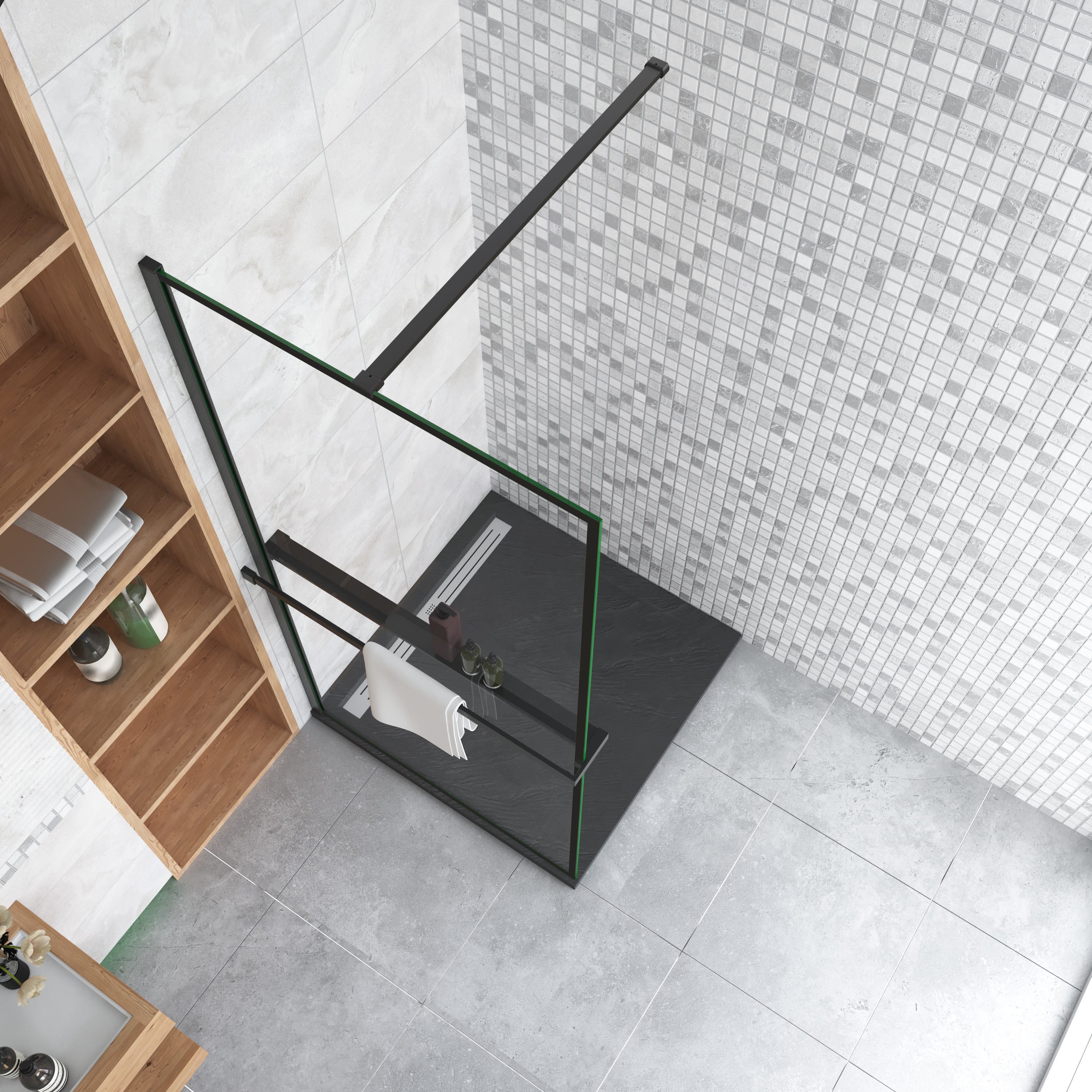 AICA Walk-in-Dusche 200cm Stabilisationsbügel Handtuchhalter schwarz walk in Dusche, Sicherheitsglas, Glas