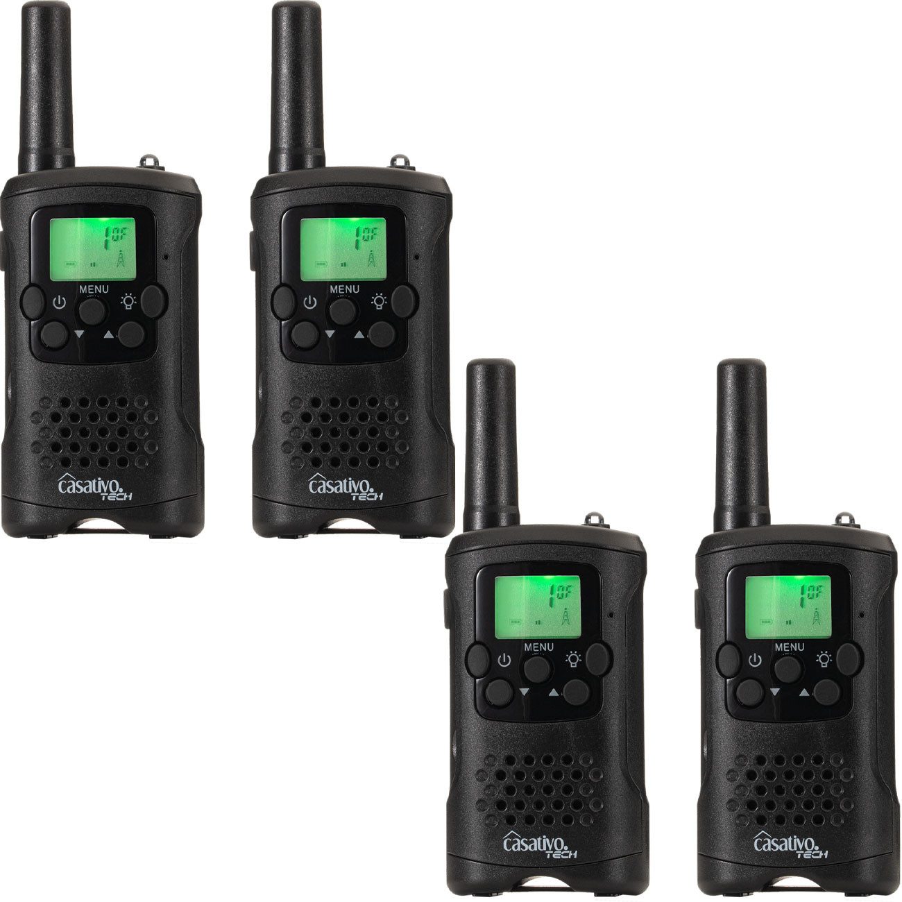 Casativo Funkgerät Gürtelclip & Taschenlampe, Walkie Talkie mit 10km Reichweite, (4-St., 2 Walkie Talkie), 8 Kanäle, Ladestation, 8 Stunden Sprechzeit