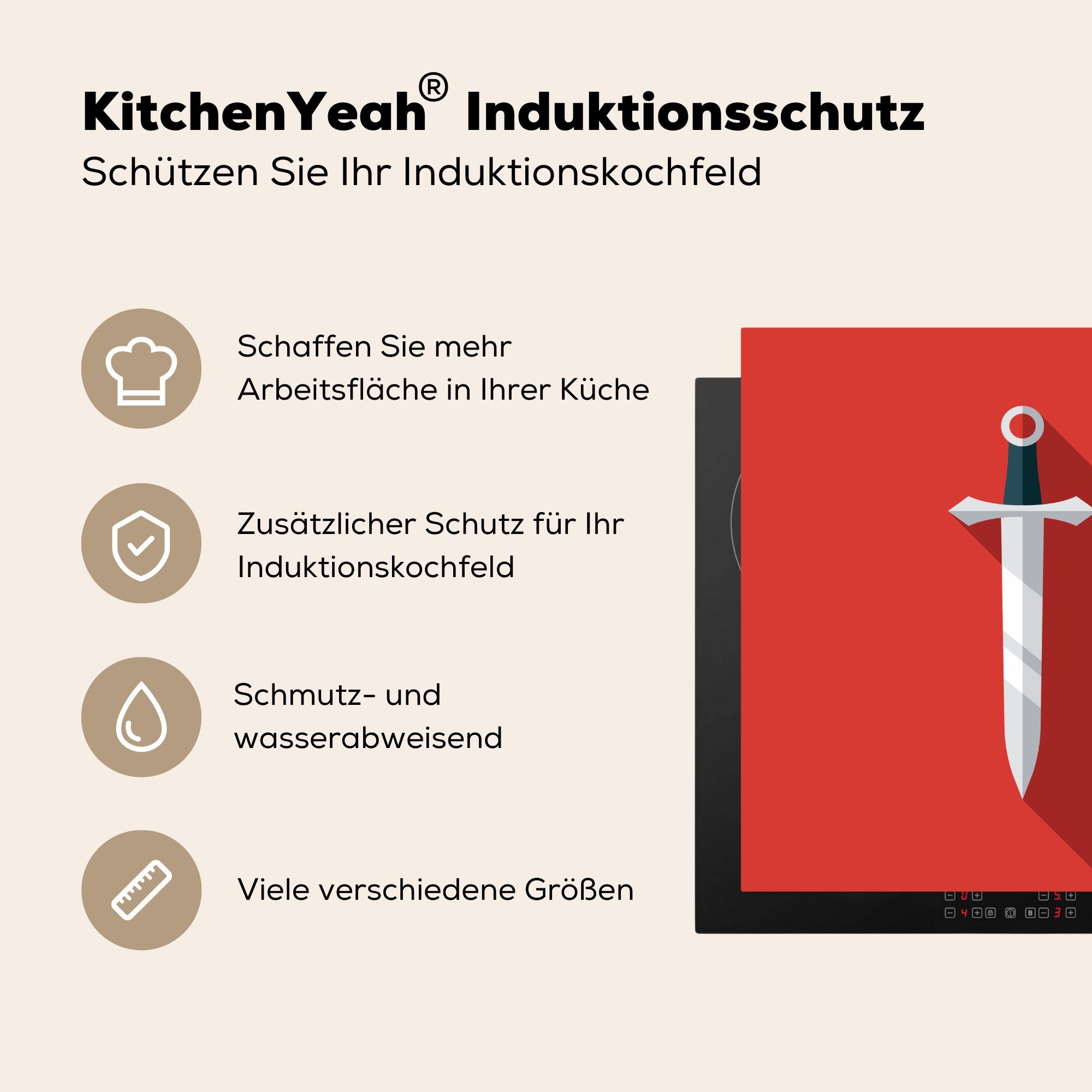 roter Schwert für Arbeitsplatte cm, 78x78 Fläche, MuchoWow (1 Vinyl, auf küche Illustration Ceranfeldabdeckung, tlg), Herdblende-/Abdeckplatte