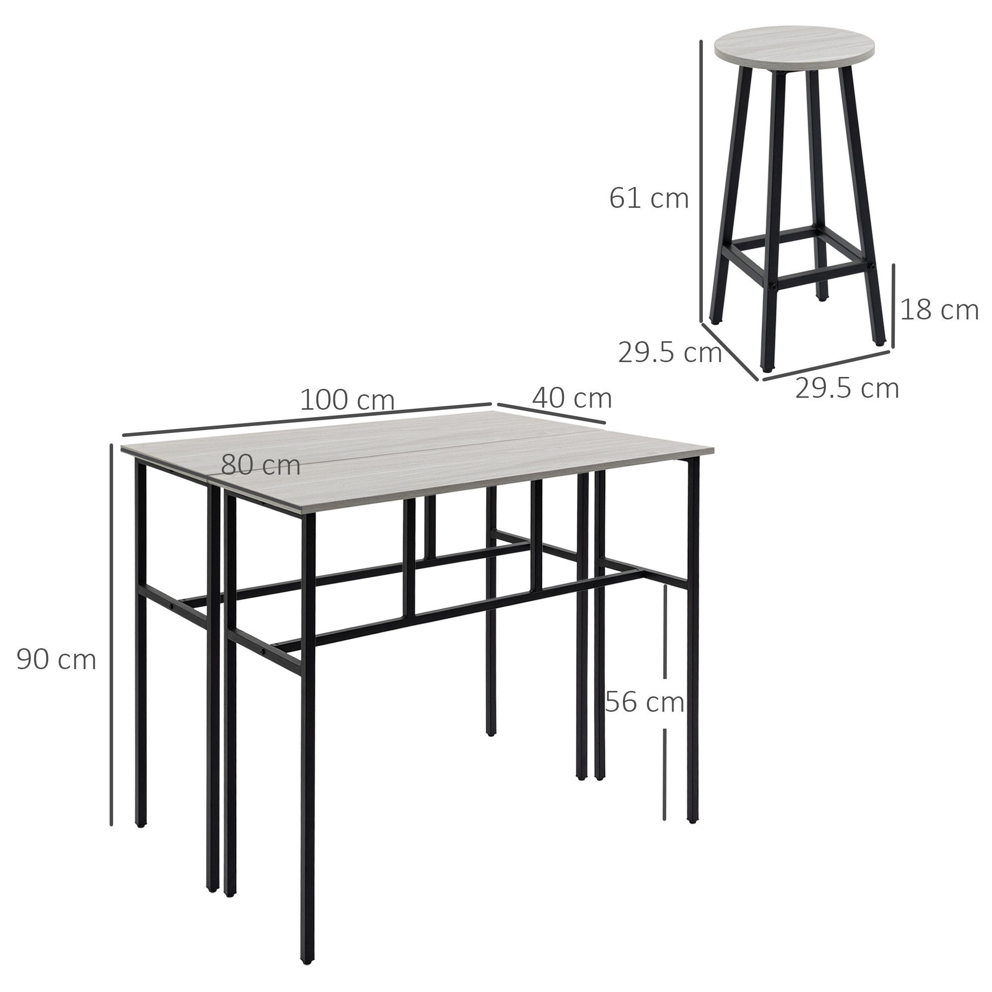 HOMCOM Bargruppe Bartisch-Set im Industriedesign, (Set, 6-tlg), 6-teilig Essgruppe 2 Bartisch mit 4 Stühlen Grau, Schwarz