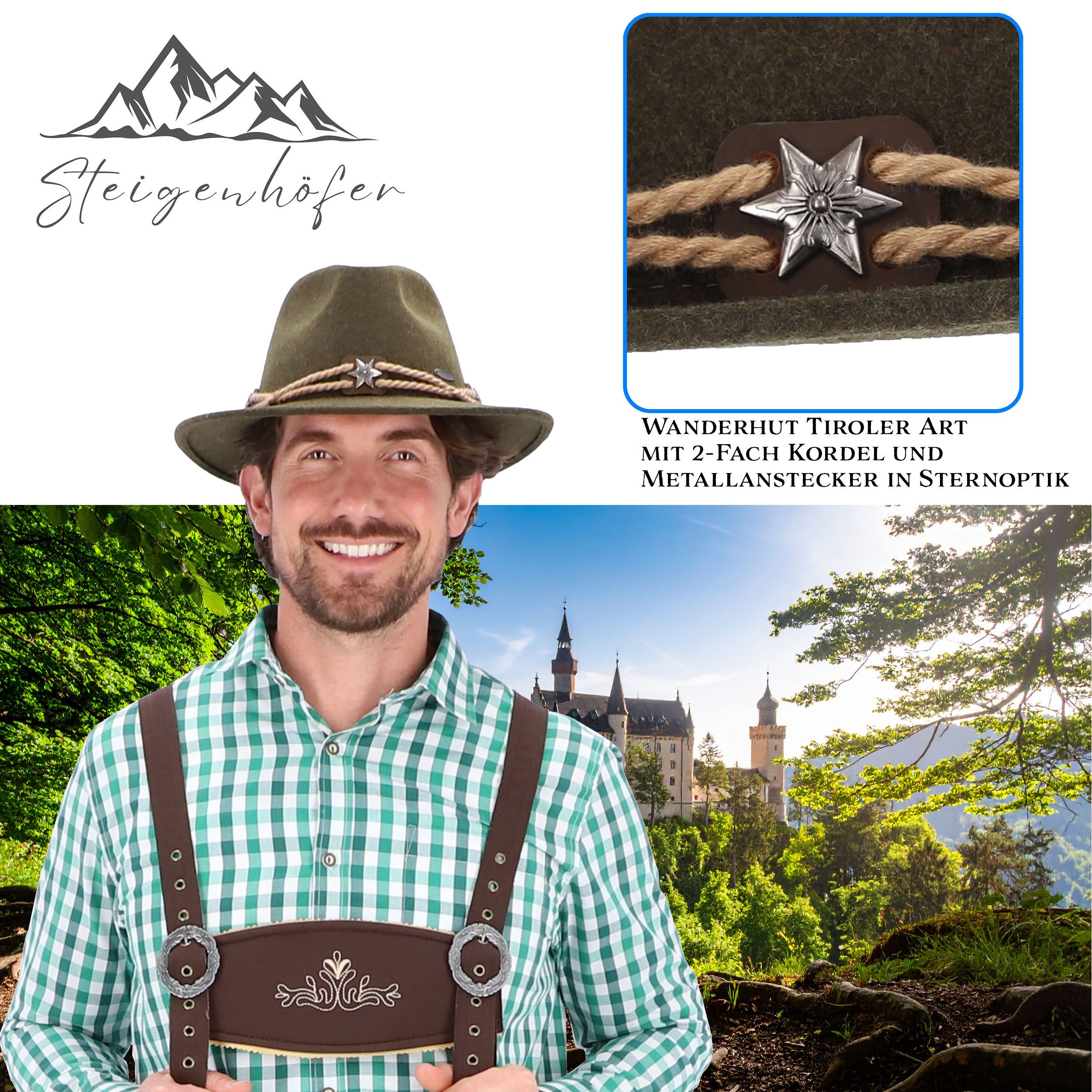 Steigenhöfer Manufaktur Trachtenhut Herren Georg - bayrischer Wanderhut Tiroler Art aus 100% Schurwolle Größenverstellbar und integriertes Schweißband, Ideal fürs Oktoberfest