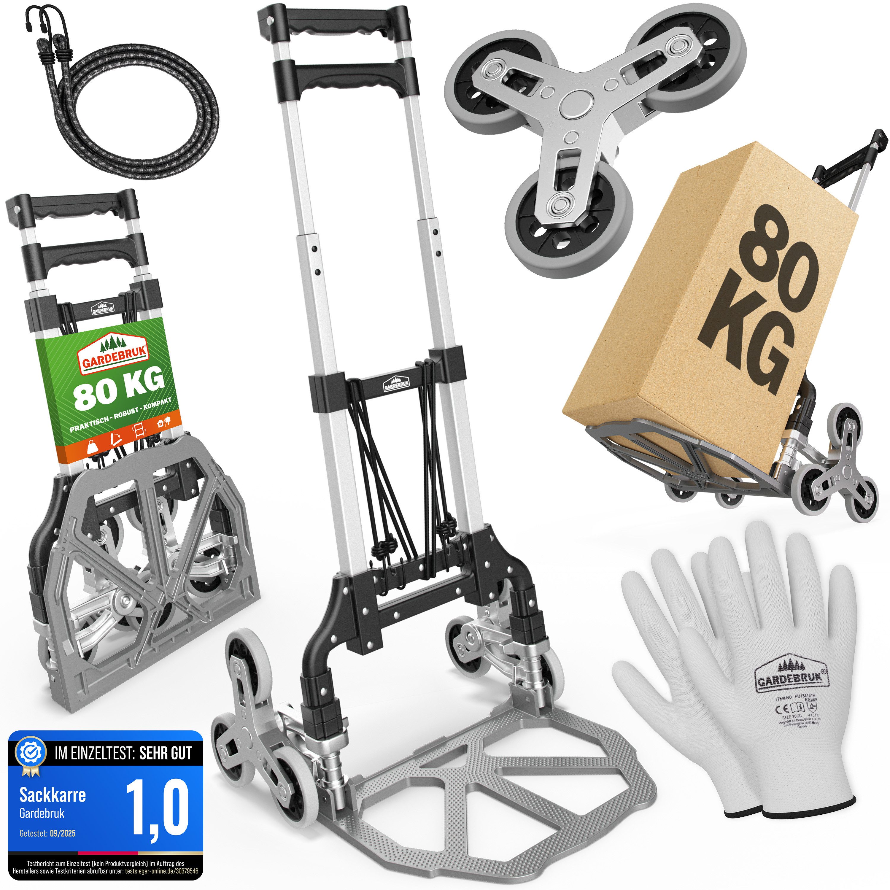 Gardebruk Sackkarre, Aluminium Treppenkarre klappbar 80 kg inkl. Handschuhe Transport