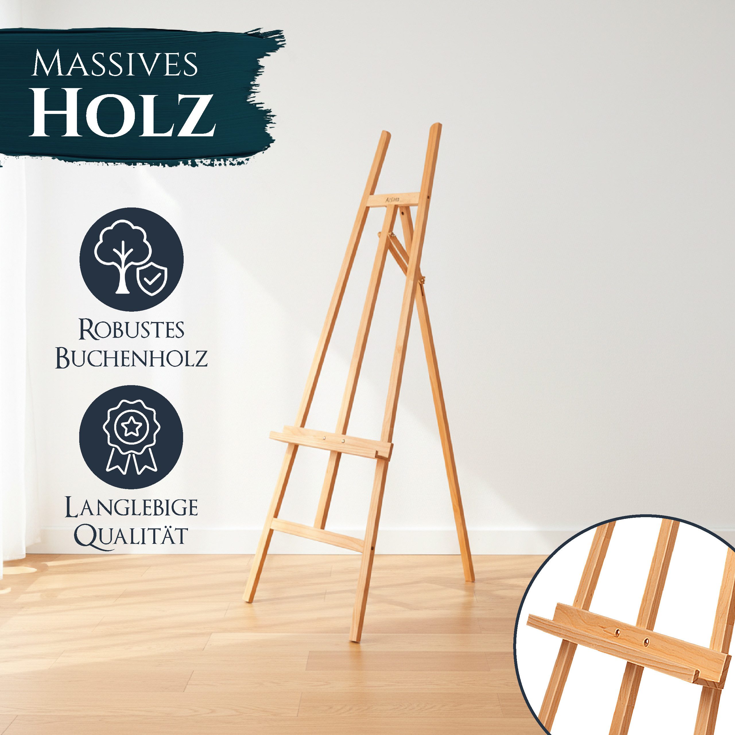 Artina Staffelei Holz Staffelei klappbar Sevilla für Keilrahmen bis 120 cm, & massive Atelierstaffelei aus Buchenholz