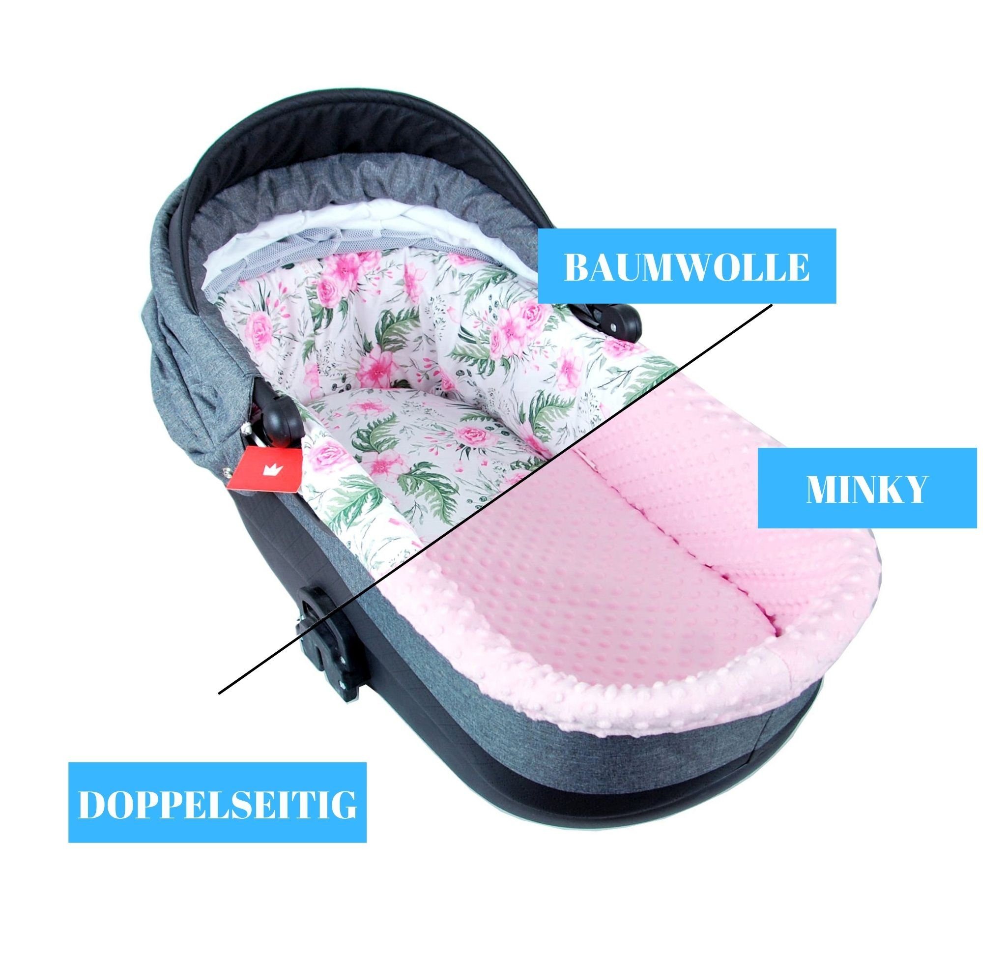 BabyLux Kinderwagen-Bezug BABYLUX Nestchen für Kinderwagen BABYWANNE + Matratze 2 Tlg Set, W13 - Rosa + Blumen