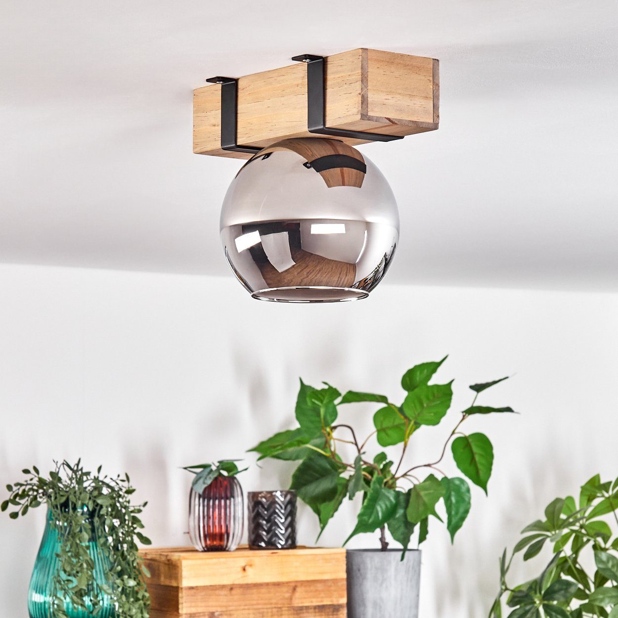 hofstein Deckenleuchte Deckenlampe aus Metall/Holz/Glas in Schwarz/Natur/Chromfarben, ohne Leuchtmittel, Holzbalken und Glasschrim Ø15cm, 1x E27, ohne Leuchtmittel