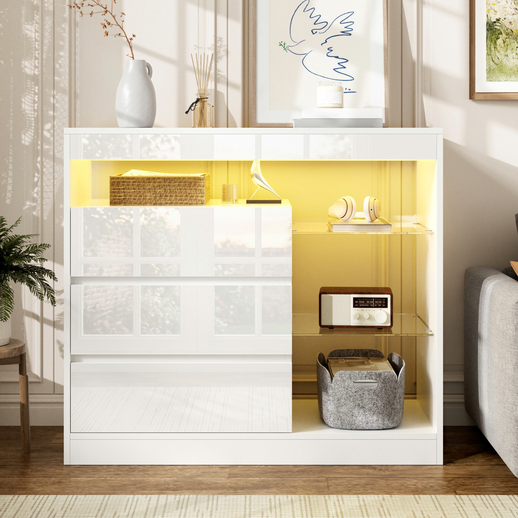 Flieks Kommode Sideboard mit 3 Schubladen, Glaseinlegeböden & LED-Beleuchtung (90x35x80 cm, 1 St), Mehrzweckschrank Wohnzimmer Multifunktionsschrank Hochglanz Weiß