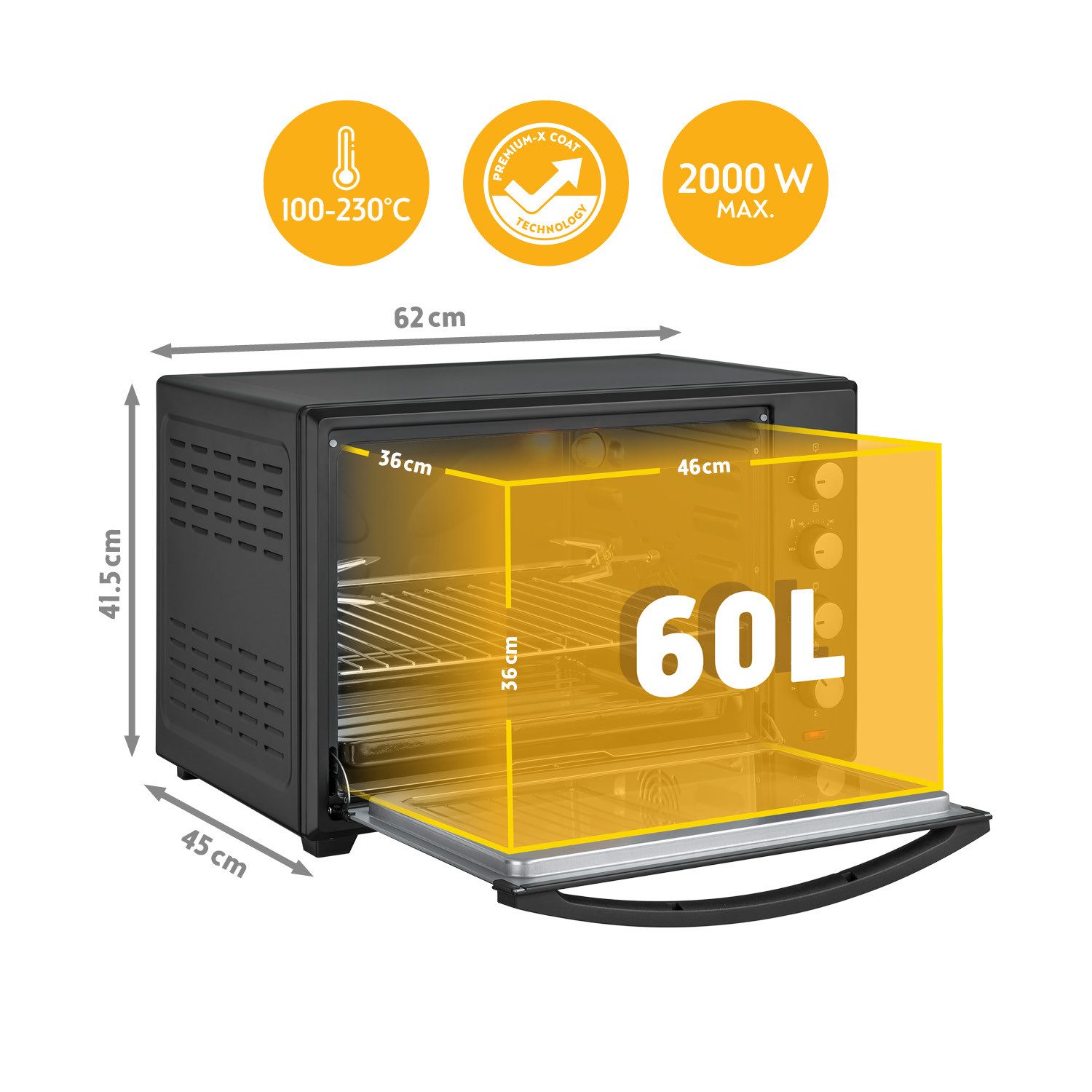 TZS FIRST AUSTRIA Minibackofen 60L 2000W, Premium-X Coating, Temperaturregelung bis 230°C, 60 Min Timer, 4 Einschubhöhen, Umluftfunktion, Backofenbeleuchtung