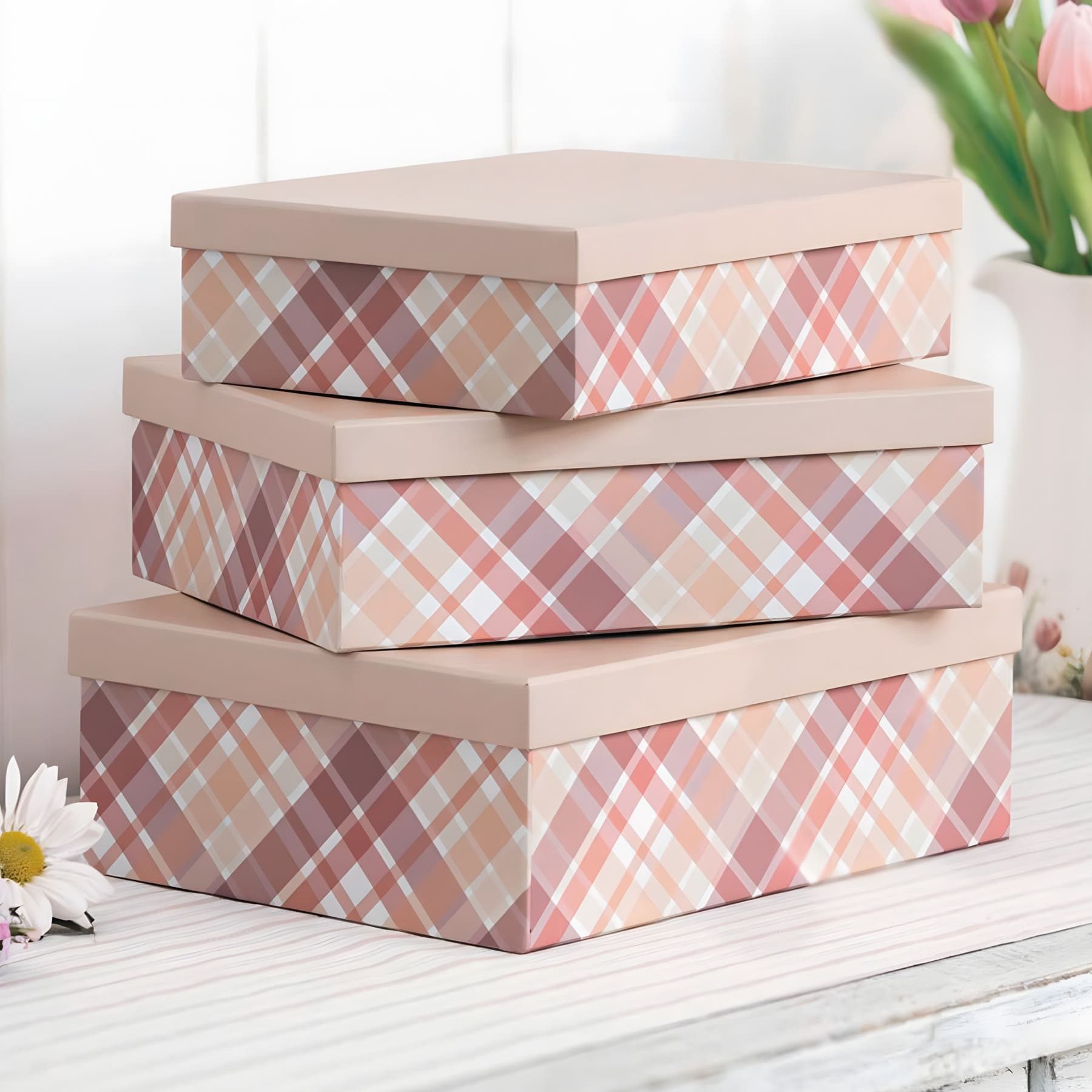 Dekoleidenschaft Aufbewahrungsbox mit Deckel "Kariert" Geschenkboxen Set, Papier Fotobox, Geschenkkiste (3 St., im Set)