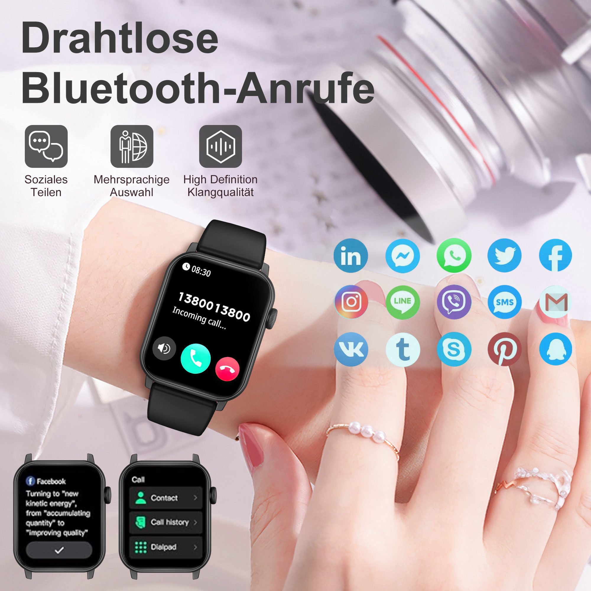 Forrlite 2026 Neues Smartwatch Damen Herren mit Telefonfunktion, Smartwatch Smartwatch (1.85'' HD Fitnessuhr,Smart Watch for Women mit 200+ Sportmodi,Fitness Tracker mit Herzfrequenz,SpO2,Schrittzähler & Schlafmonitor,IP68 für iOS Android cm)