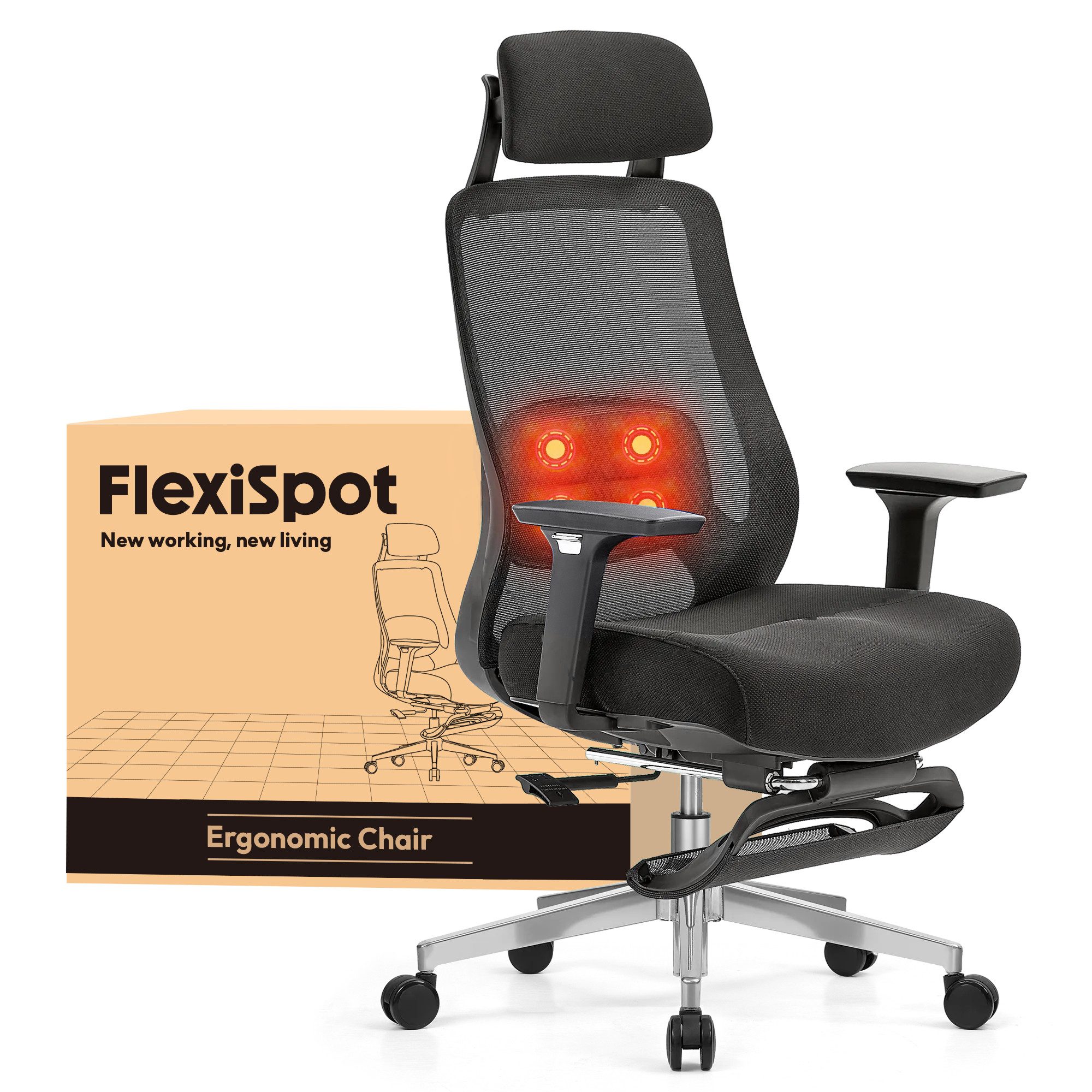 FLEXISPOT Bürostuhl MasterEase Massage Bürostuhl mit Fußstütze (ergonomischer High-Back-Schreibtischstuhl mit 2D-Lendenstütze mit Heiz und Massagefunktion), 4-fach verstellbarer Rückenlehne, Schwarz