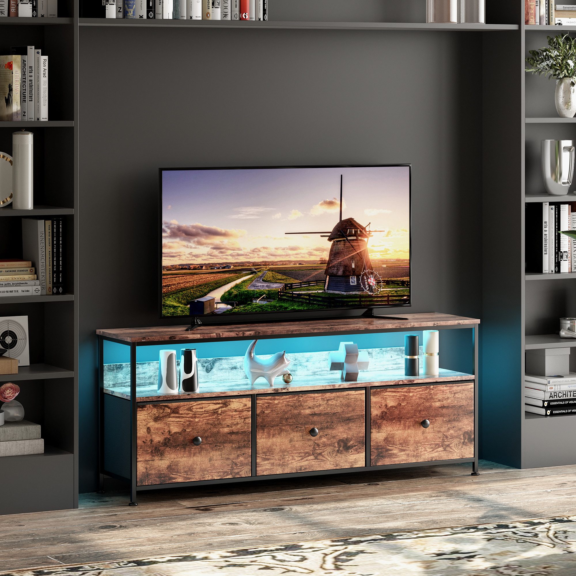 BELUPAI Lowboard TV Schrank mit LED und Schubladen (Set, 1 St., Fernsehschrank Kommode mit 3 Schubladen aus Stoff), für Fernseher Bis Zu 40 Zoll, für Wohnzimmer – Bild 2 von 5